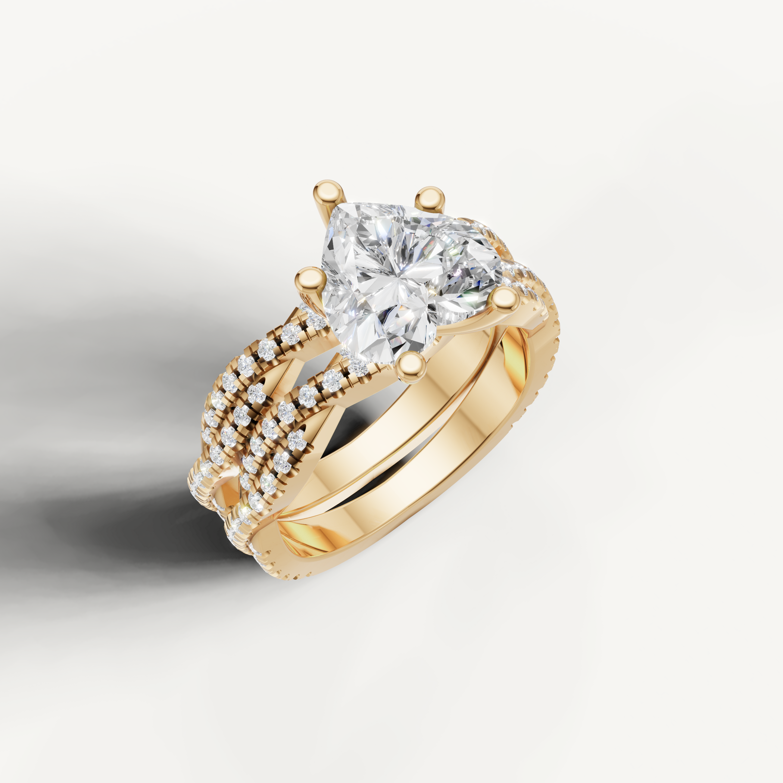 Elegant Heart Diamond Bridal Ring Set with Triple Pavé Bands Yellow Gold