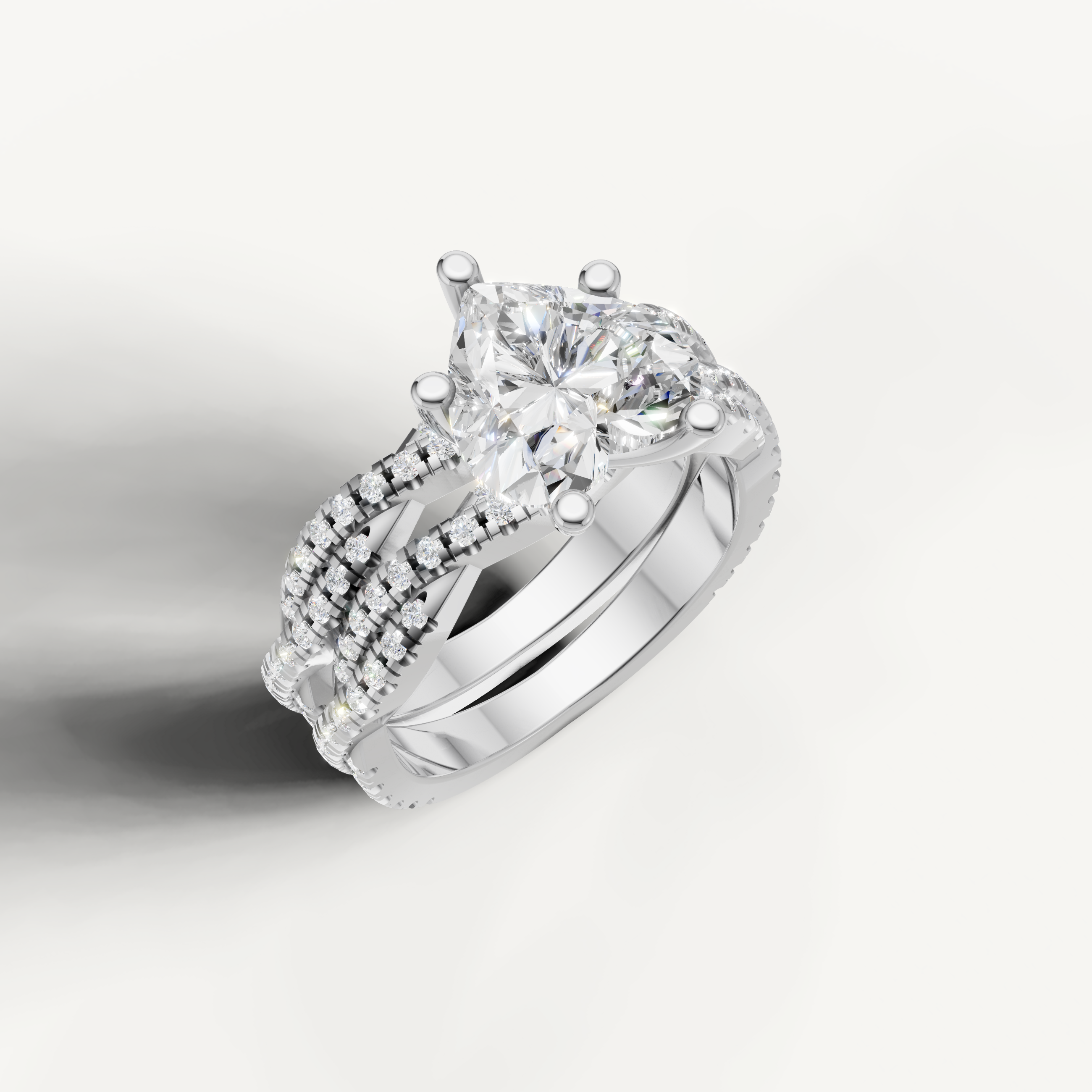 Classic Heart Diamond Bridal Ring Set with Triple Pavé Bands White Gold