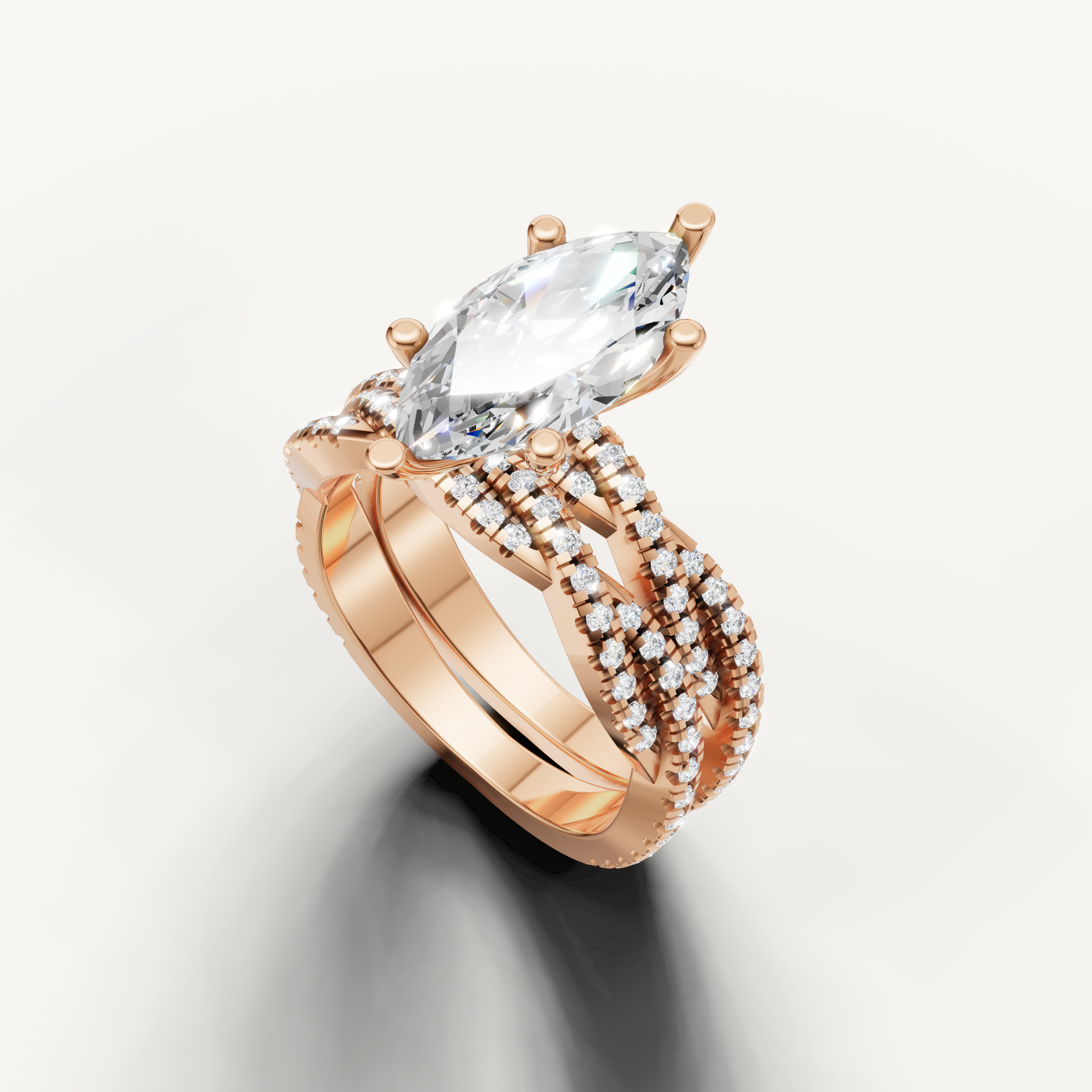 Elegant Marquise Cut Bridal Ring Set with Multi Row Diamond Band Rose Gold