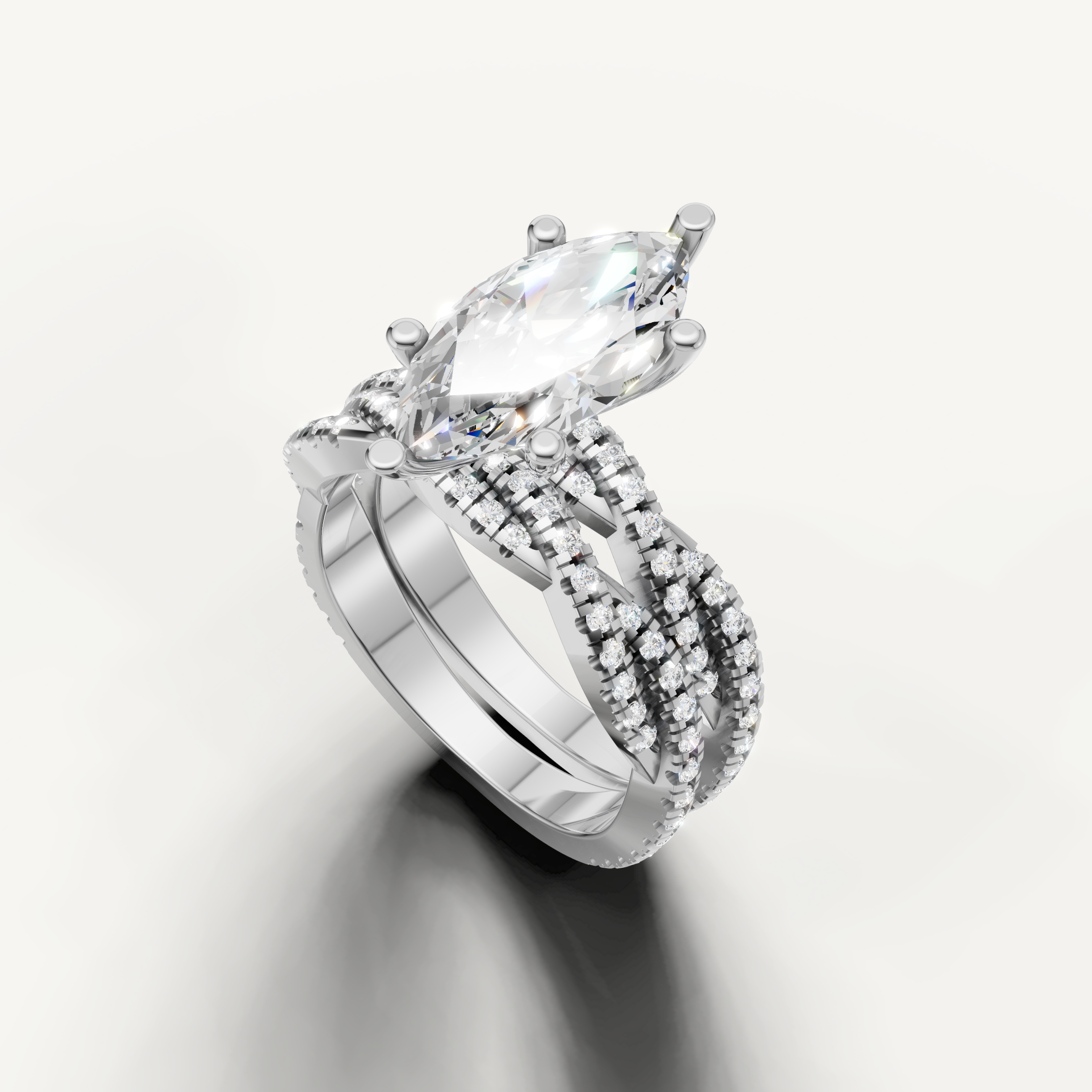 Modern Marquise Cut Lab Grown Diamond Bridal Set with Split Shank White Gold