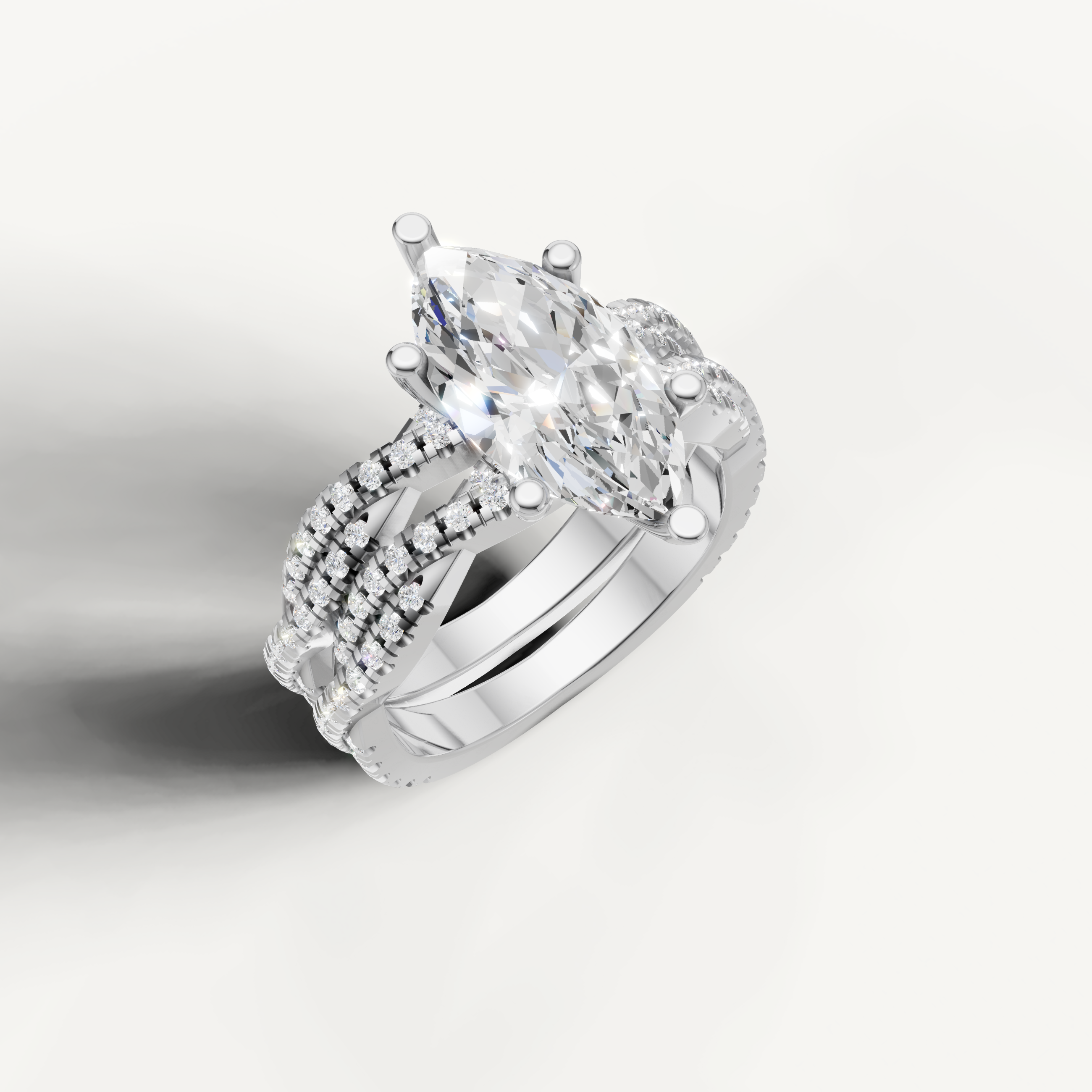 Classic Marquise Diamond Bridal Ring Set with Triple Pavé Bands White Gold