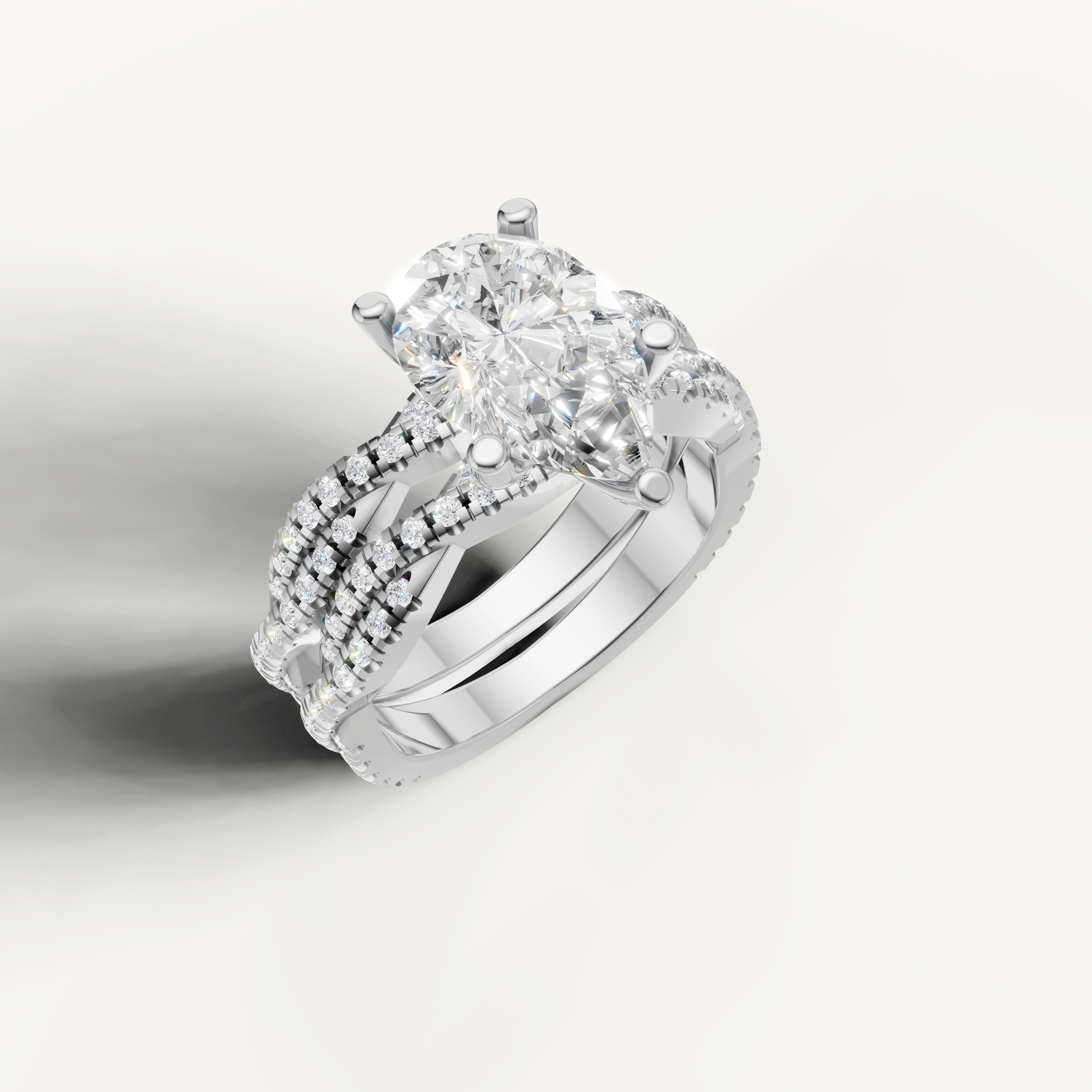 Classic Pear Diamond Bridal Ring Set with Triple Pavé Bands White Gold