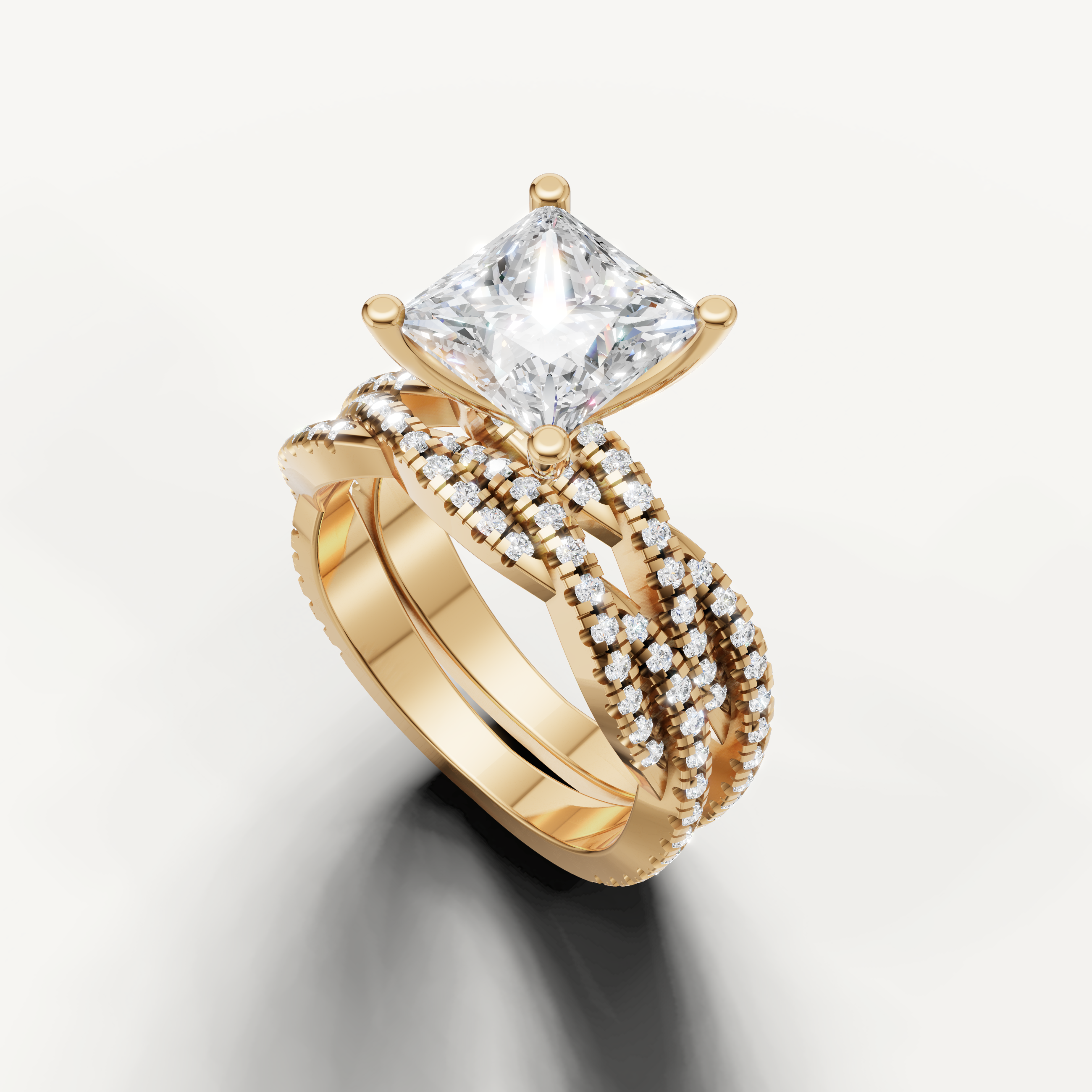 Luxury Princess Cut Lab Grown Diamond Bridal Set with Split Shank Yellow Gold