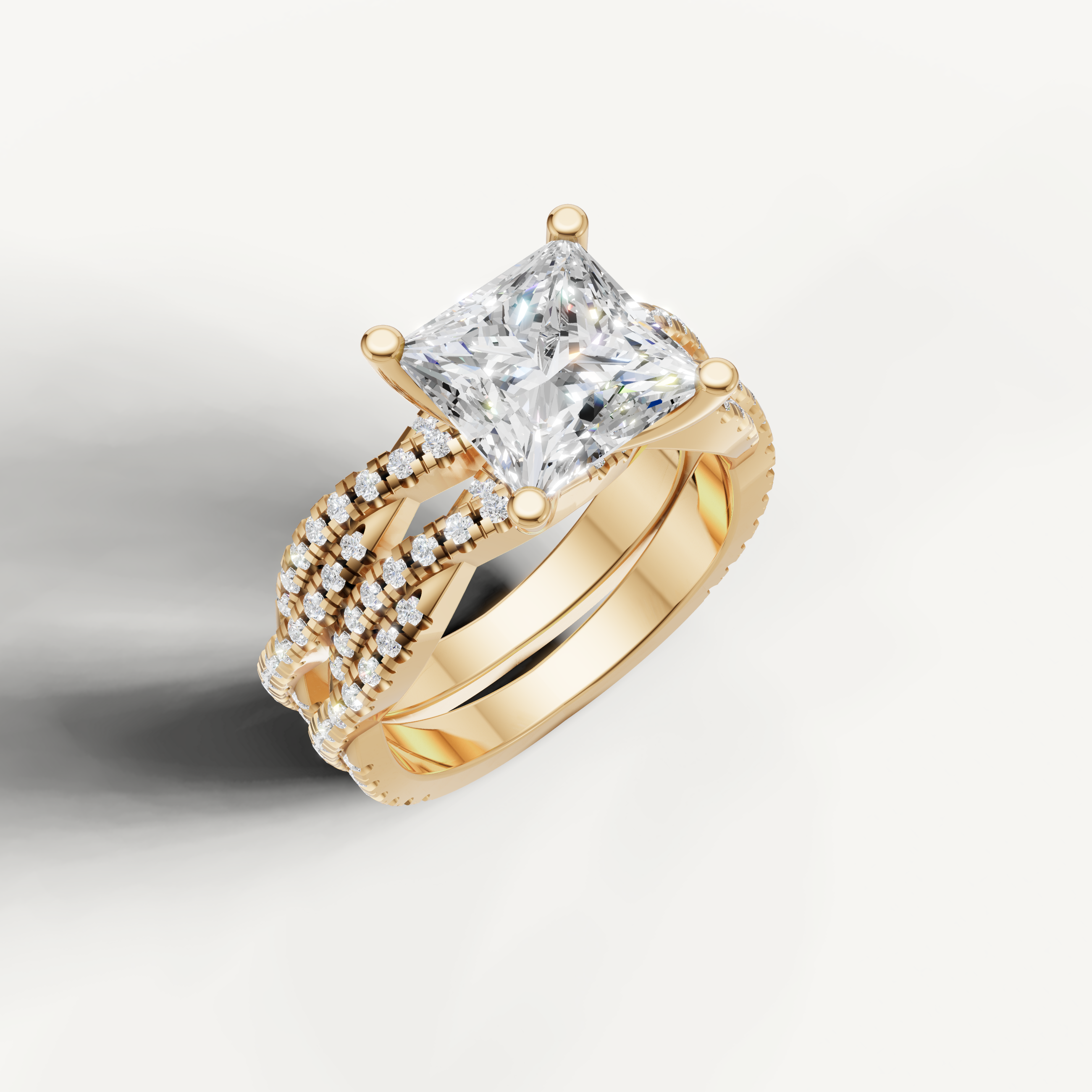 Elegant Princess Diamond Bridal Ring Set with Triple Pavé Bands Yellow Gold