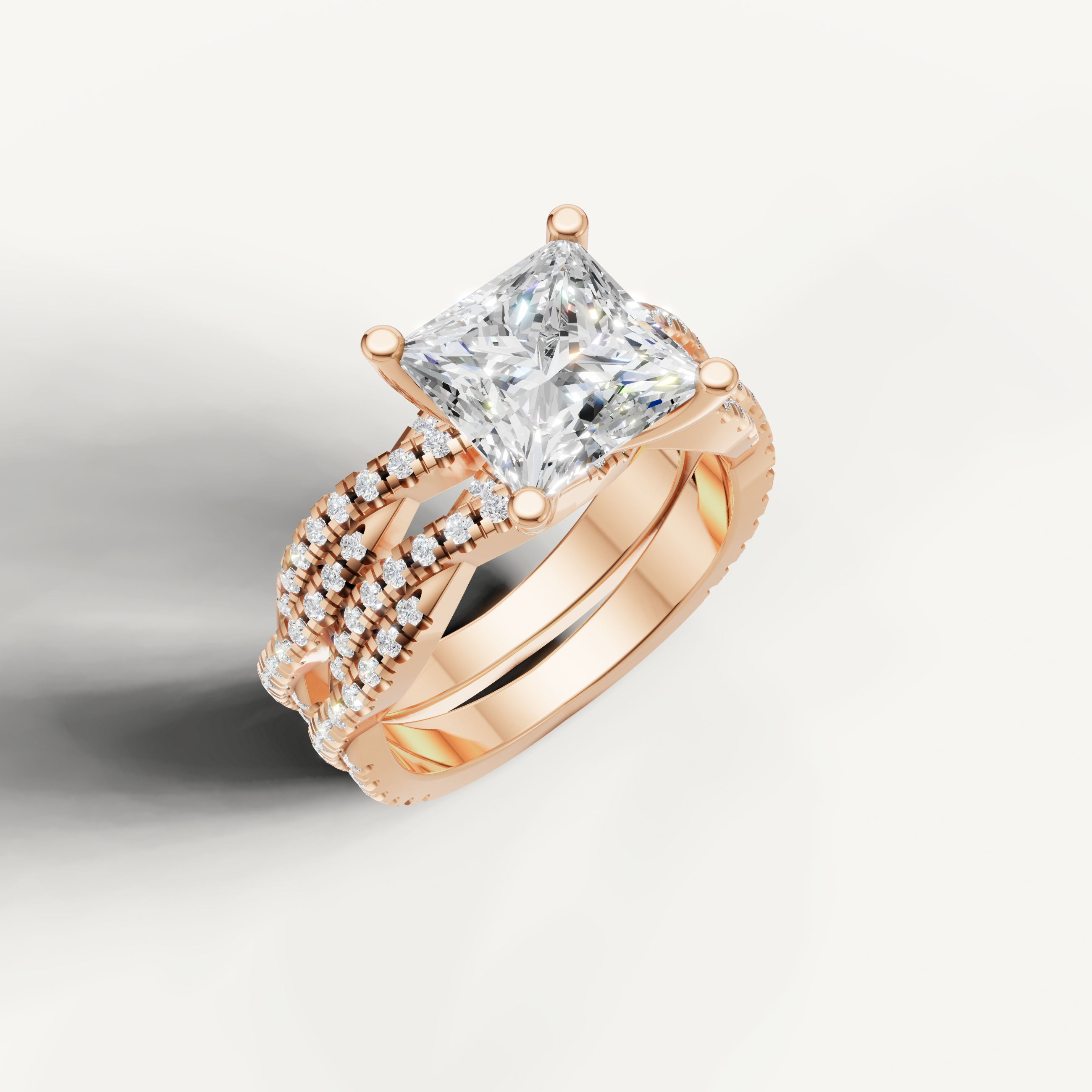 Romantic Princess Diamond Engagement Bridal Set with Triple Pavé Bands Rose Gold