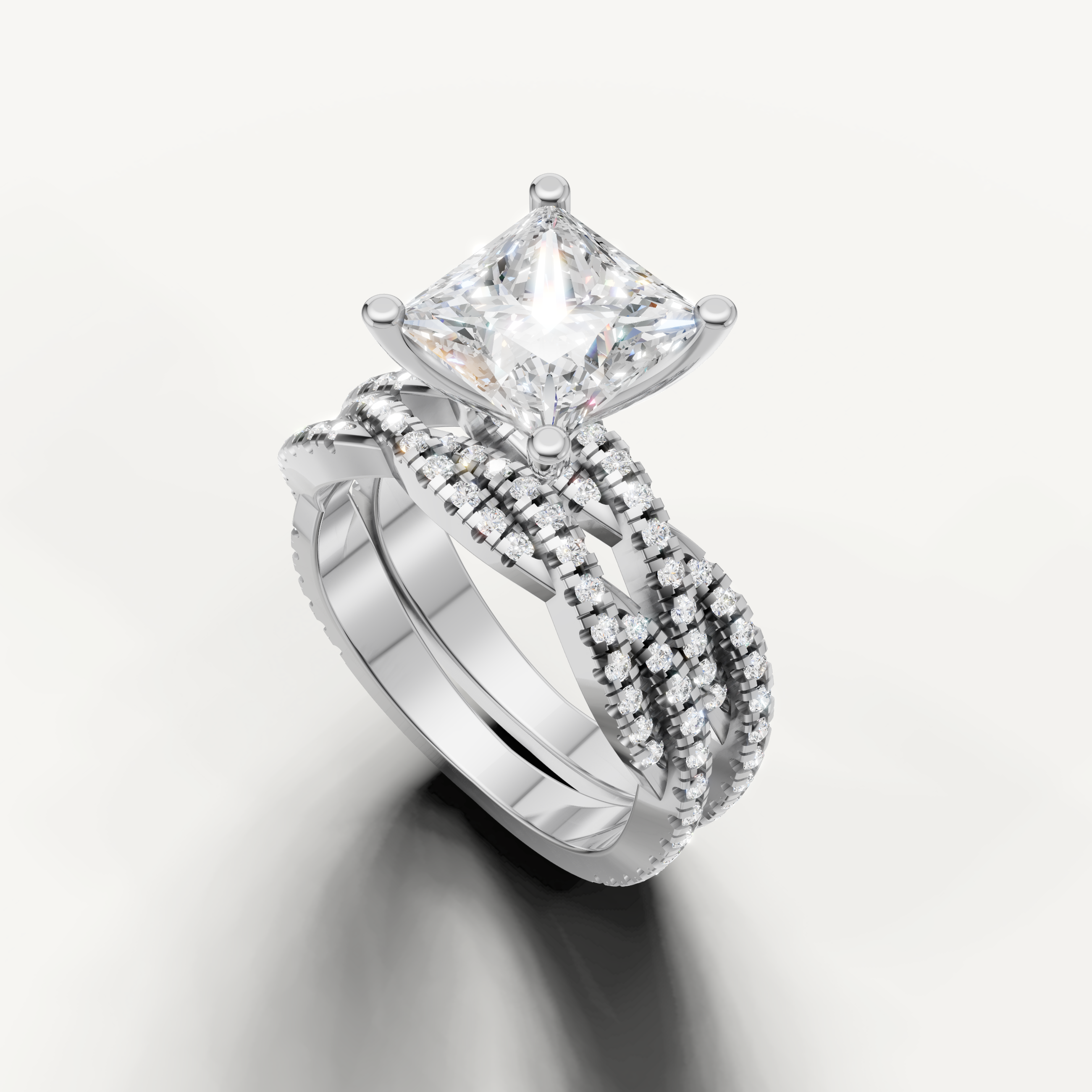 Modern Princess Cut Lab Grown Diamond Bridal Set with Split Shank White Gold