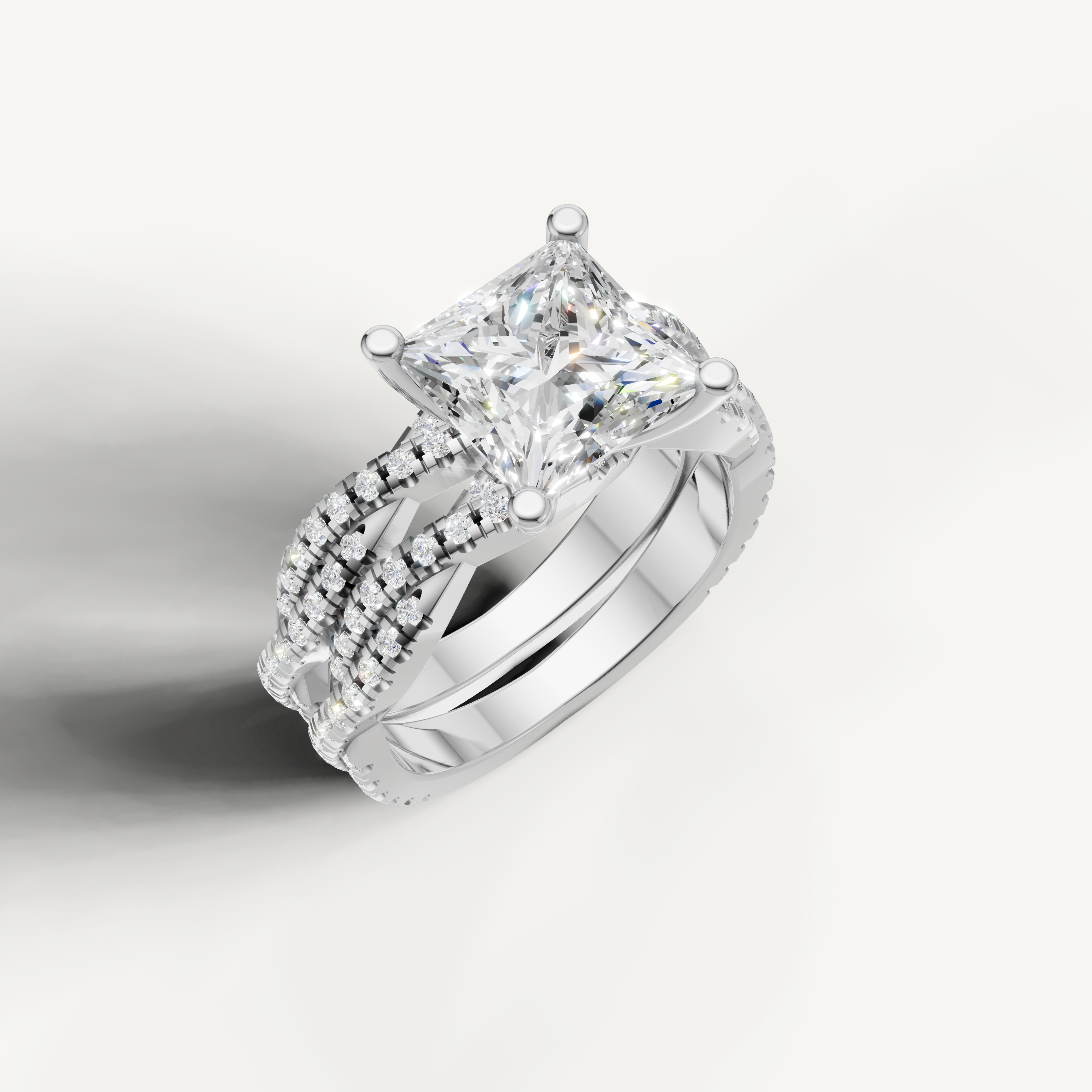 Classic Princess Diamond Bridal Ring Set with Triple Pavé Bands White Gold