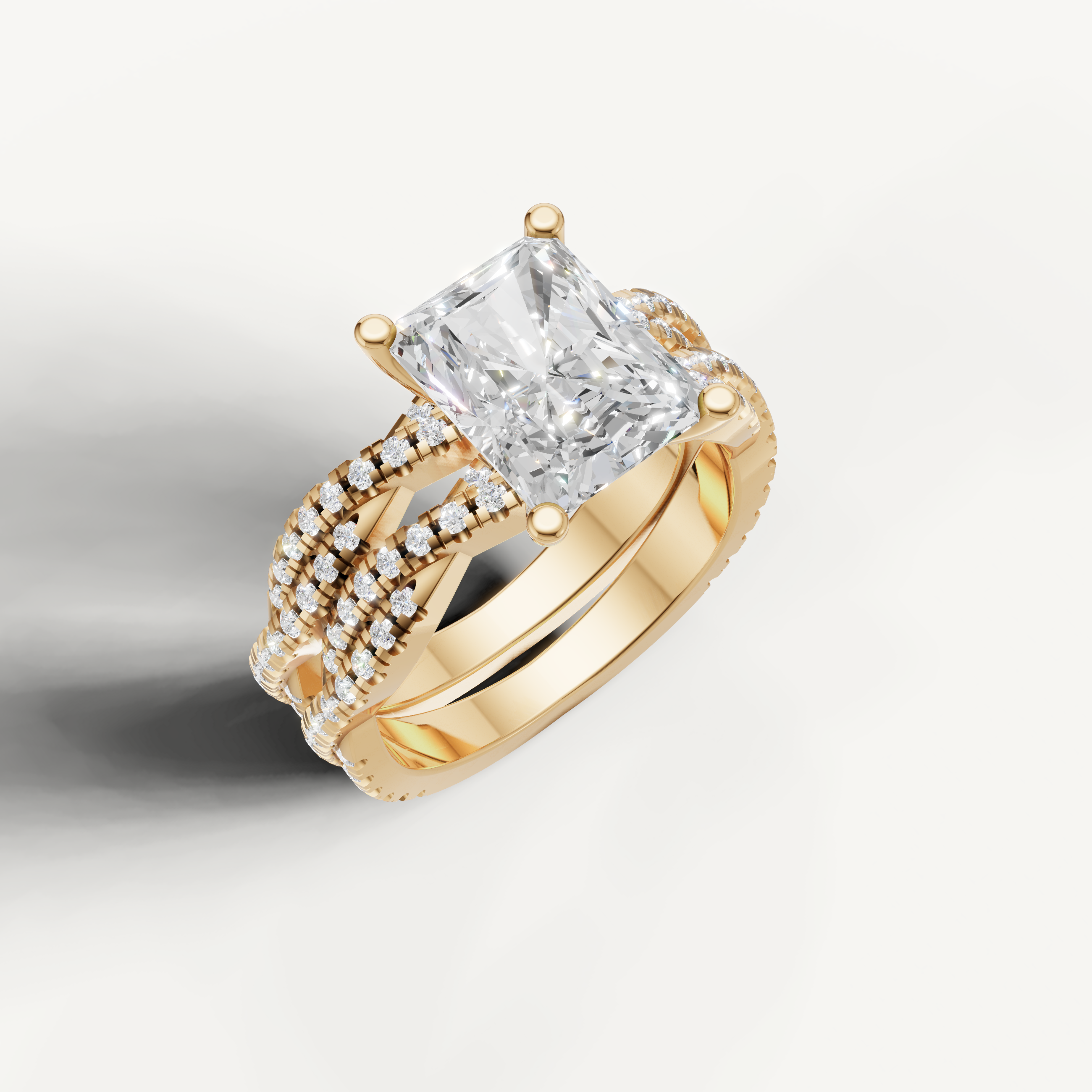 Elegant Radiant Diamond Bridal Ring Set with Triple Pavé Bands Yellow Gold