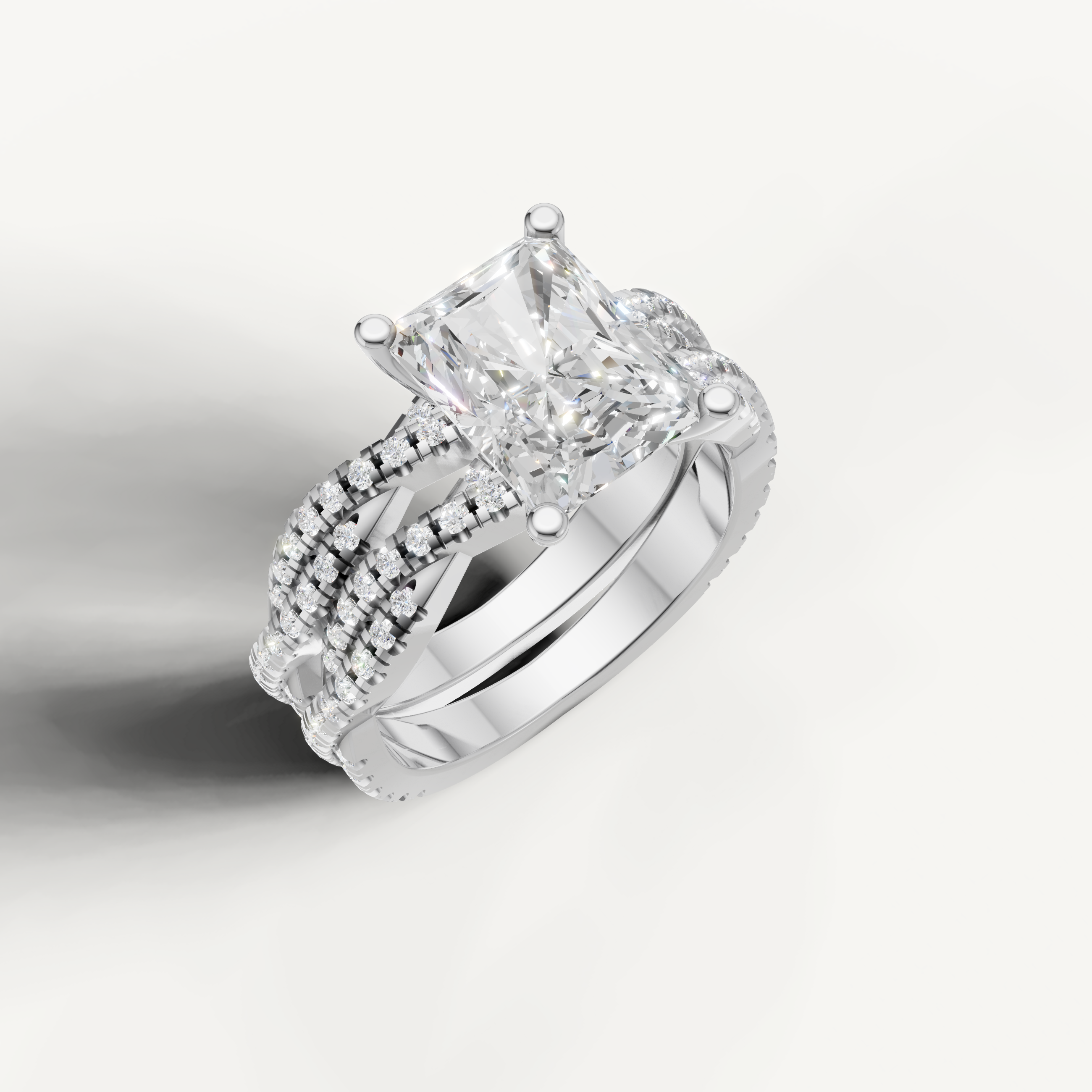 Classic Radiant Diamond Bridal Ring Set with Triple Pavé Bands White Gold