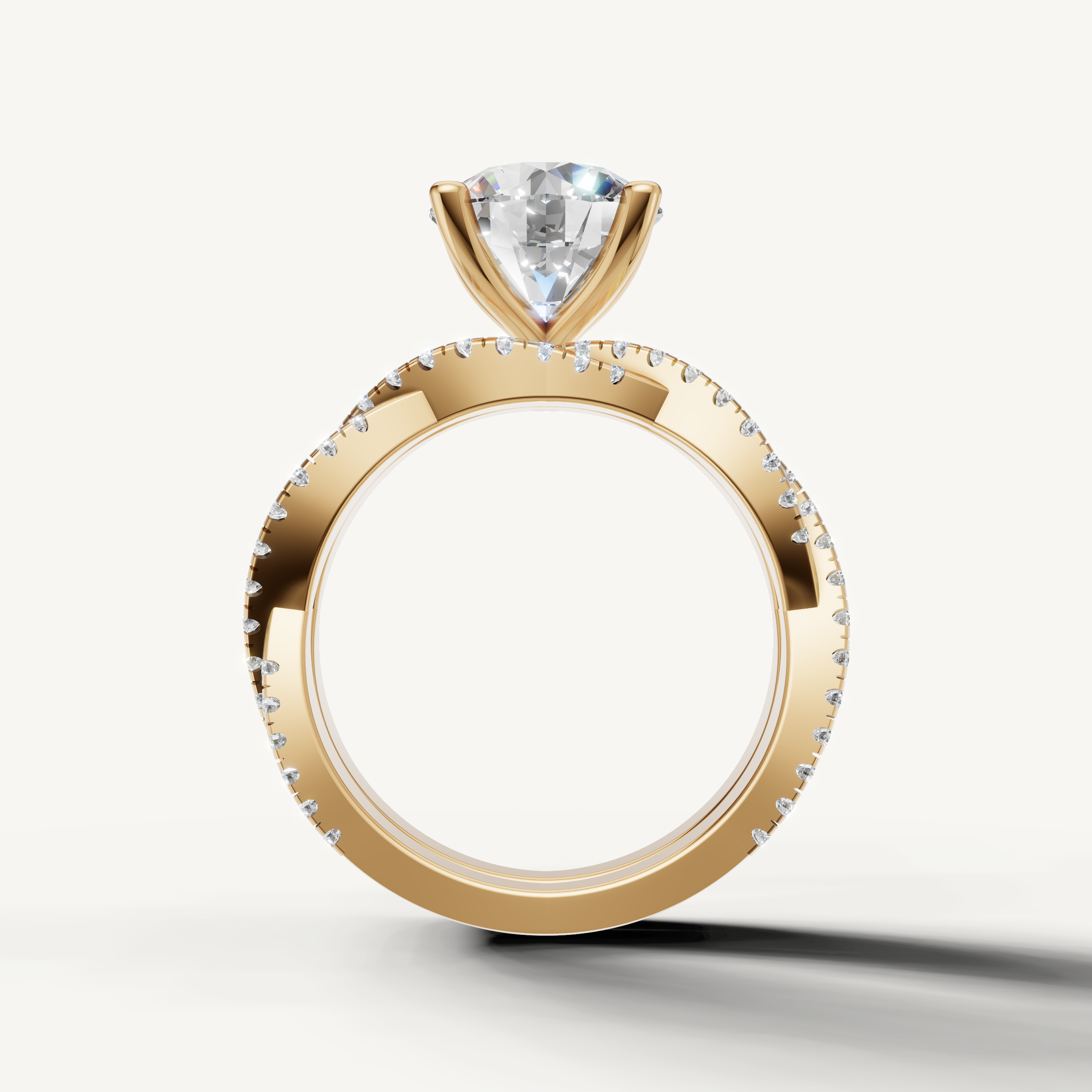 Vintage Inspired Round Diamond Bridal Set with Multi Row Pavé Band Yellow Gold