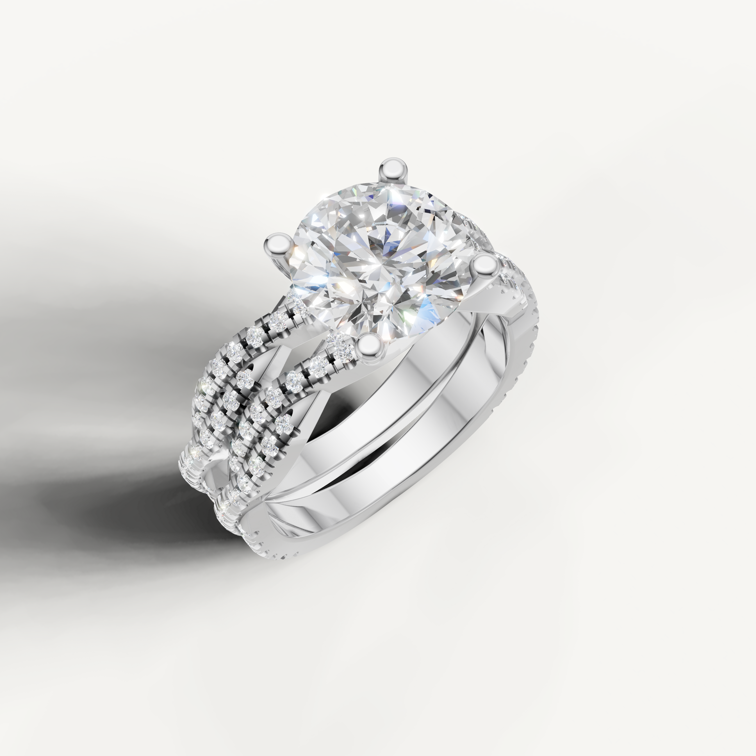 Classic Round Diamond Bridal Ring Set with Triple Pavé Bands White Gold