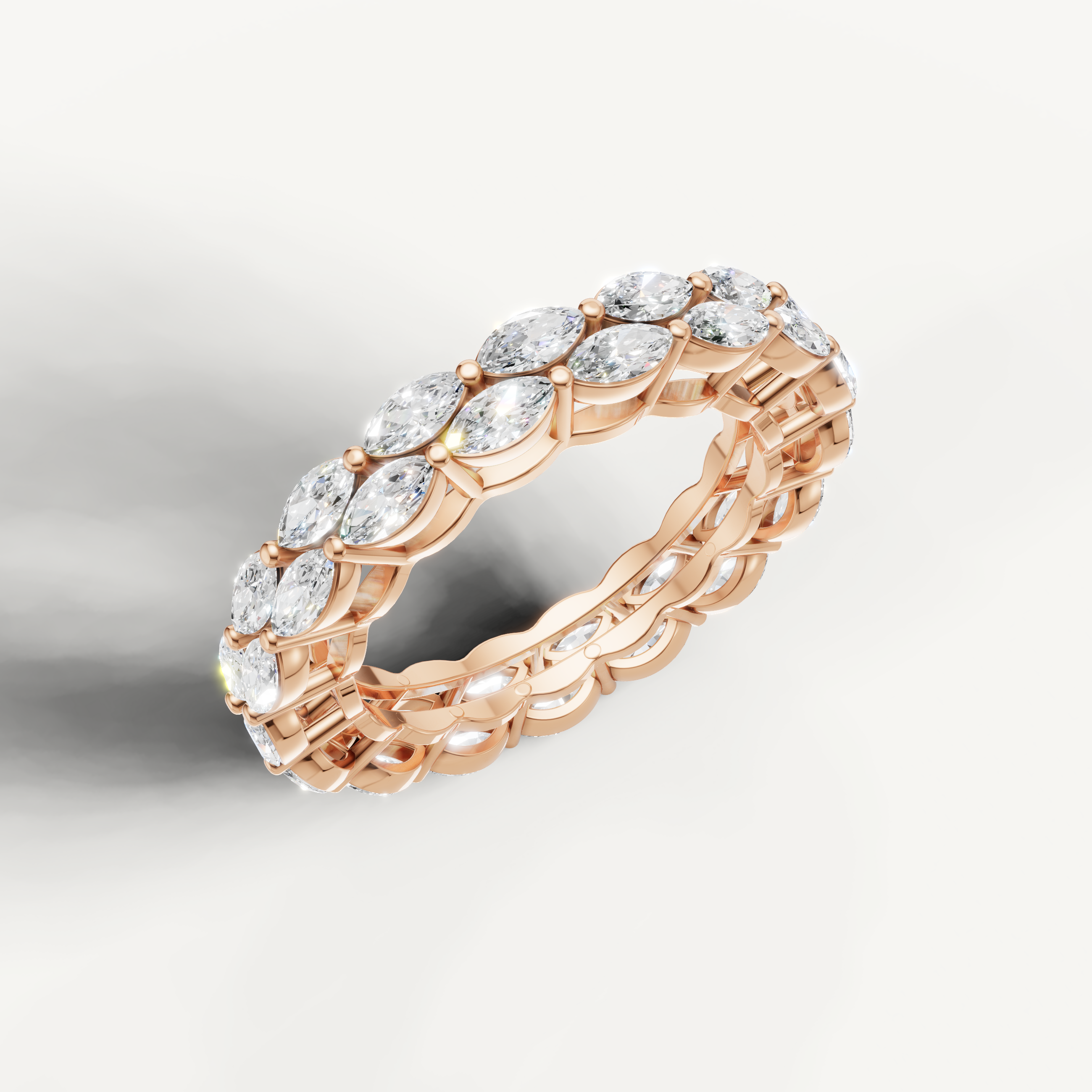 full eternity wedding band featuring marquise lab diamonds in polished rose gold