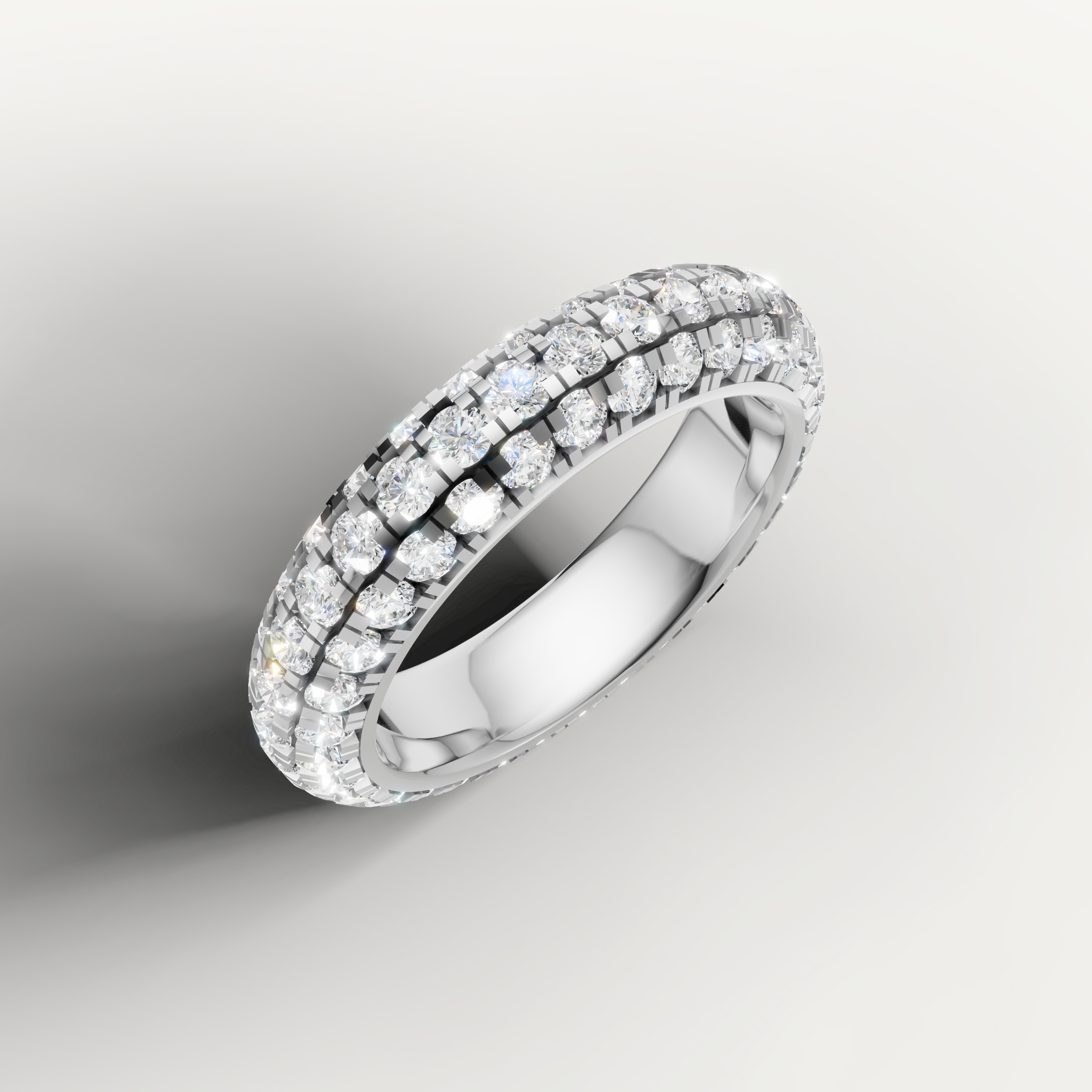 wide diamond eternity band with round brilliant lab diamonds in white gold