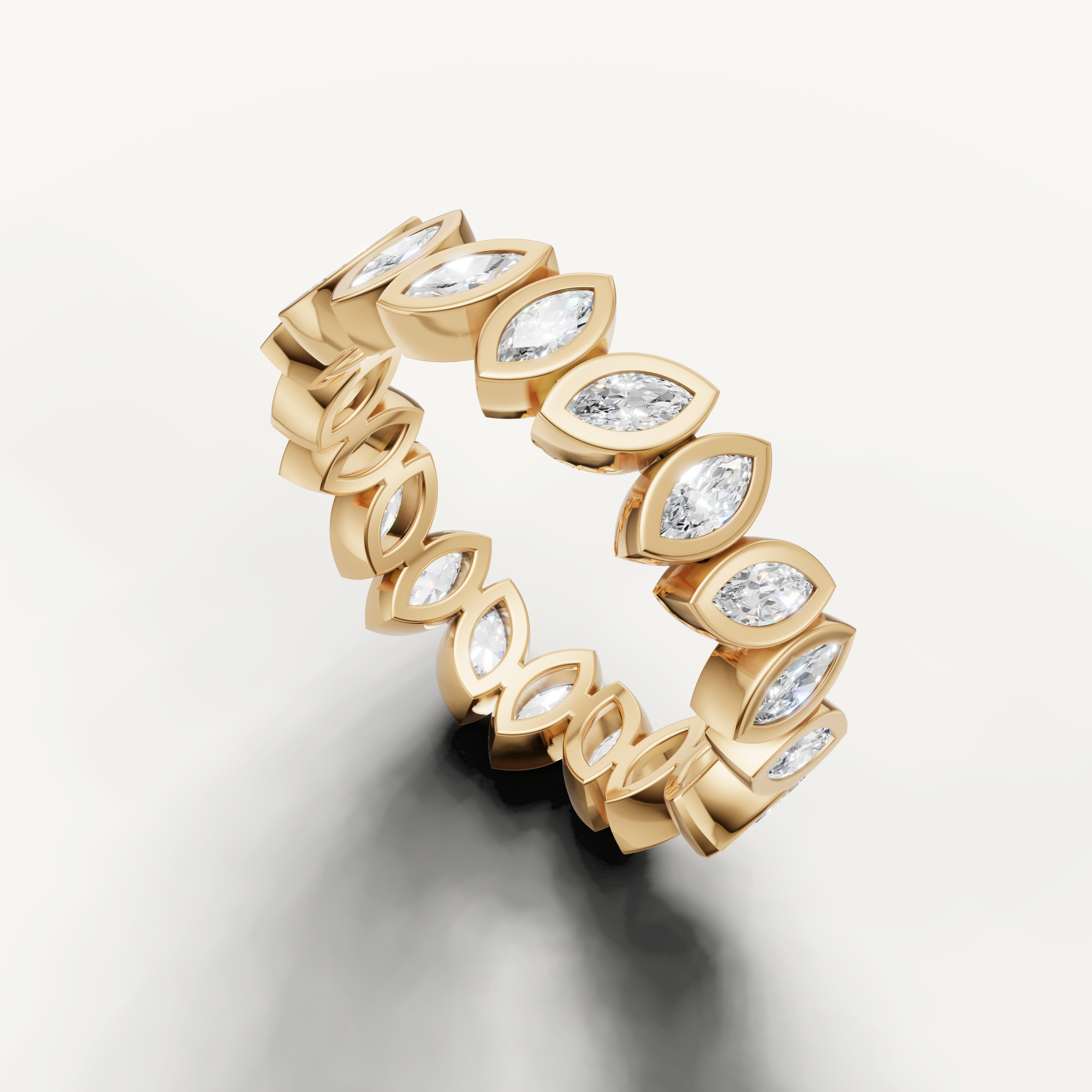 full eternity ring featuring marquise cut lab grown diamonds in contemporary gold design