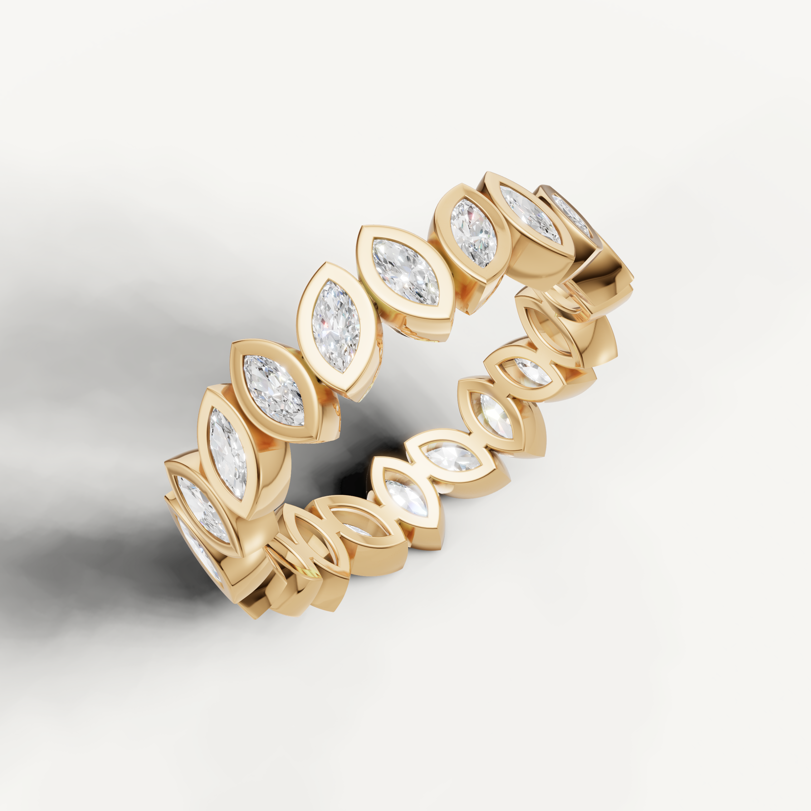 luxury marquise diamond wedding band with polished yellow gold and modern bezel setting