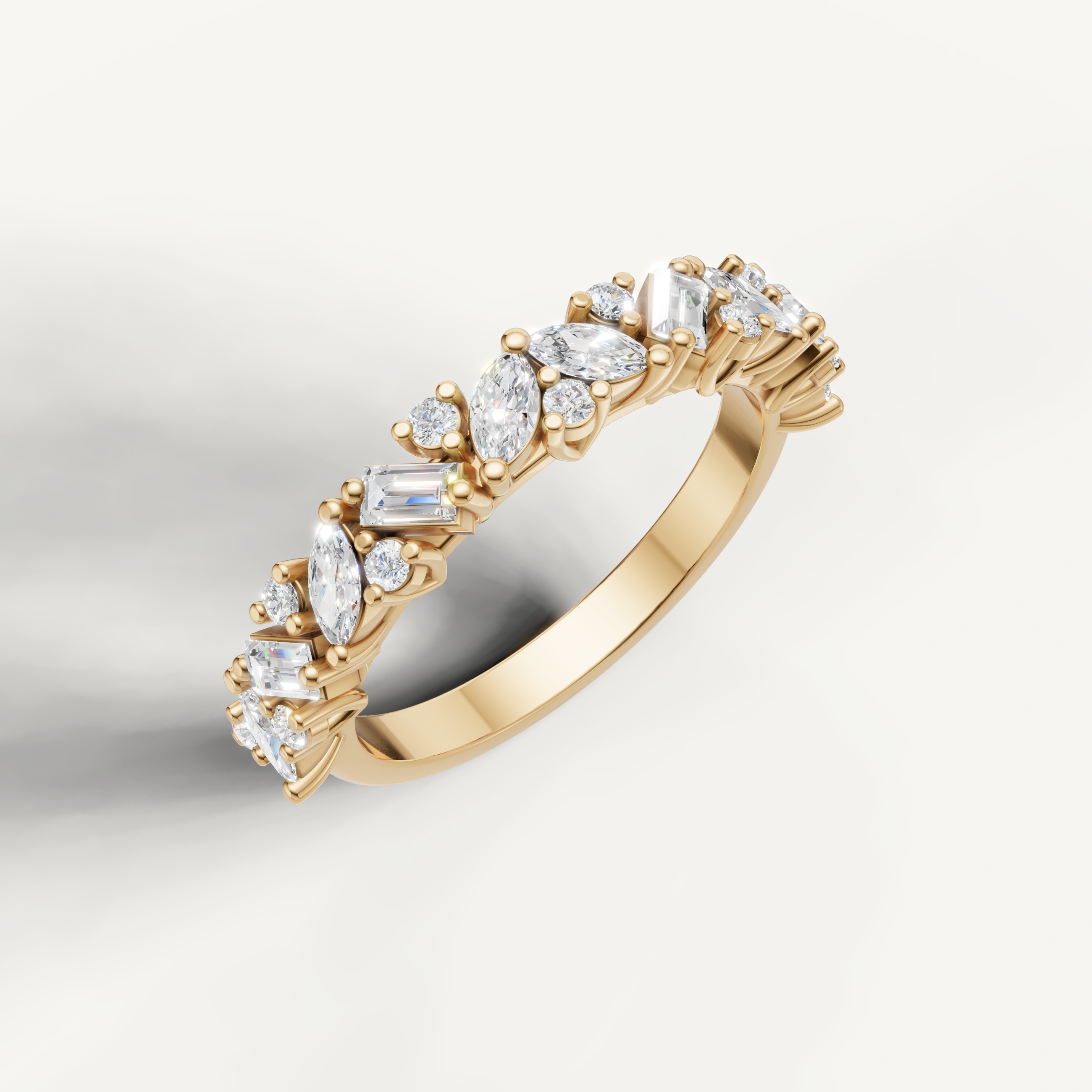 Elegant yellow gold diamond wedding band with marquise, baguette and round cut stones by Raul Diamonds
