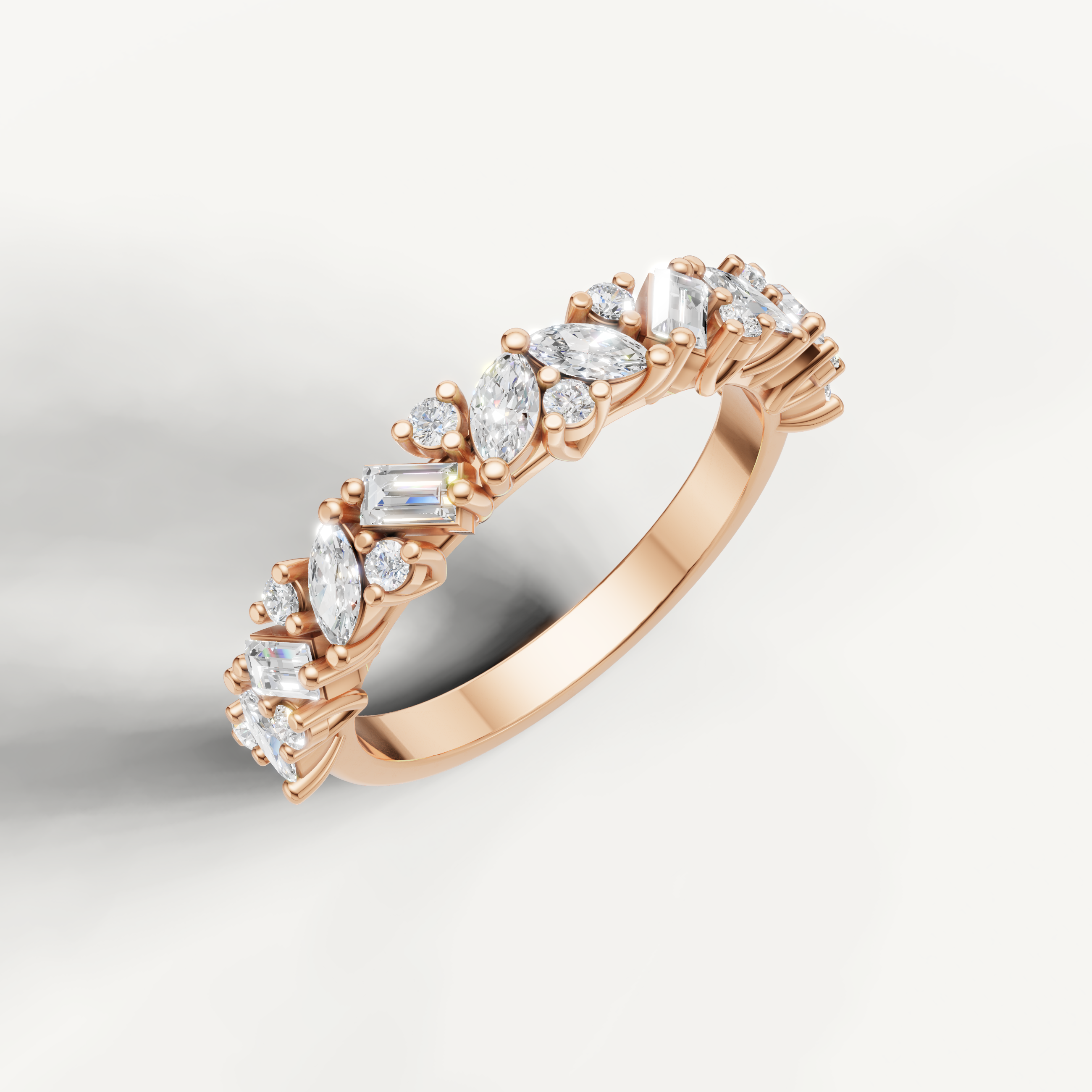 Raul Diamonds rose gold wedding band with mixed cut lab grown diamonds and elegant detailing