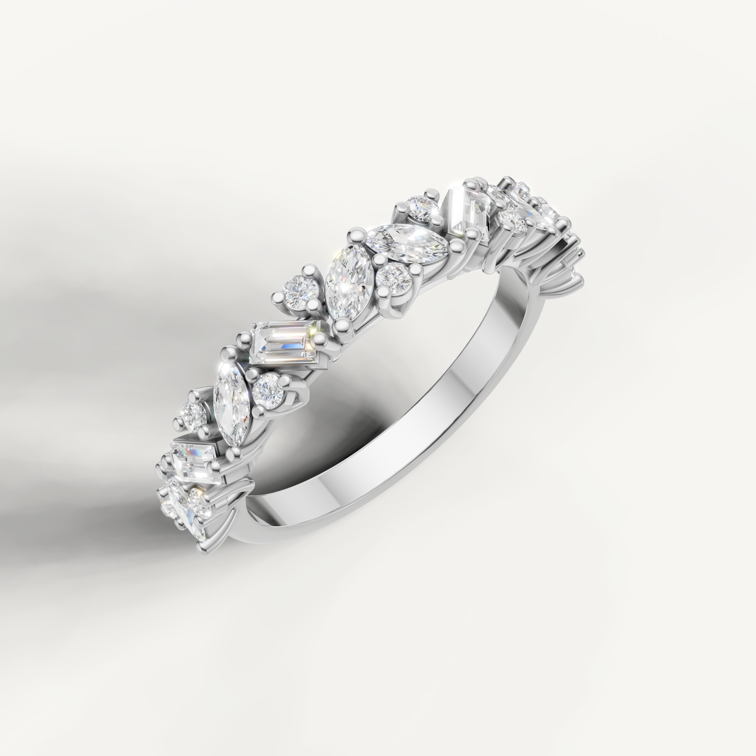 Elegant white gold diamond wedding band with baguette, marquise and round cut stones