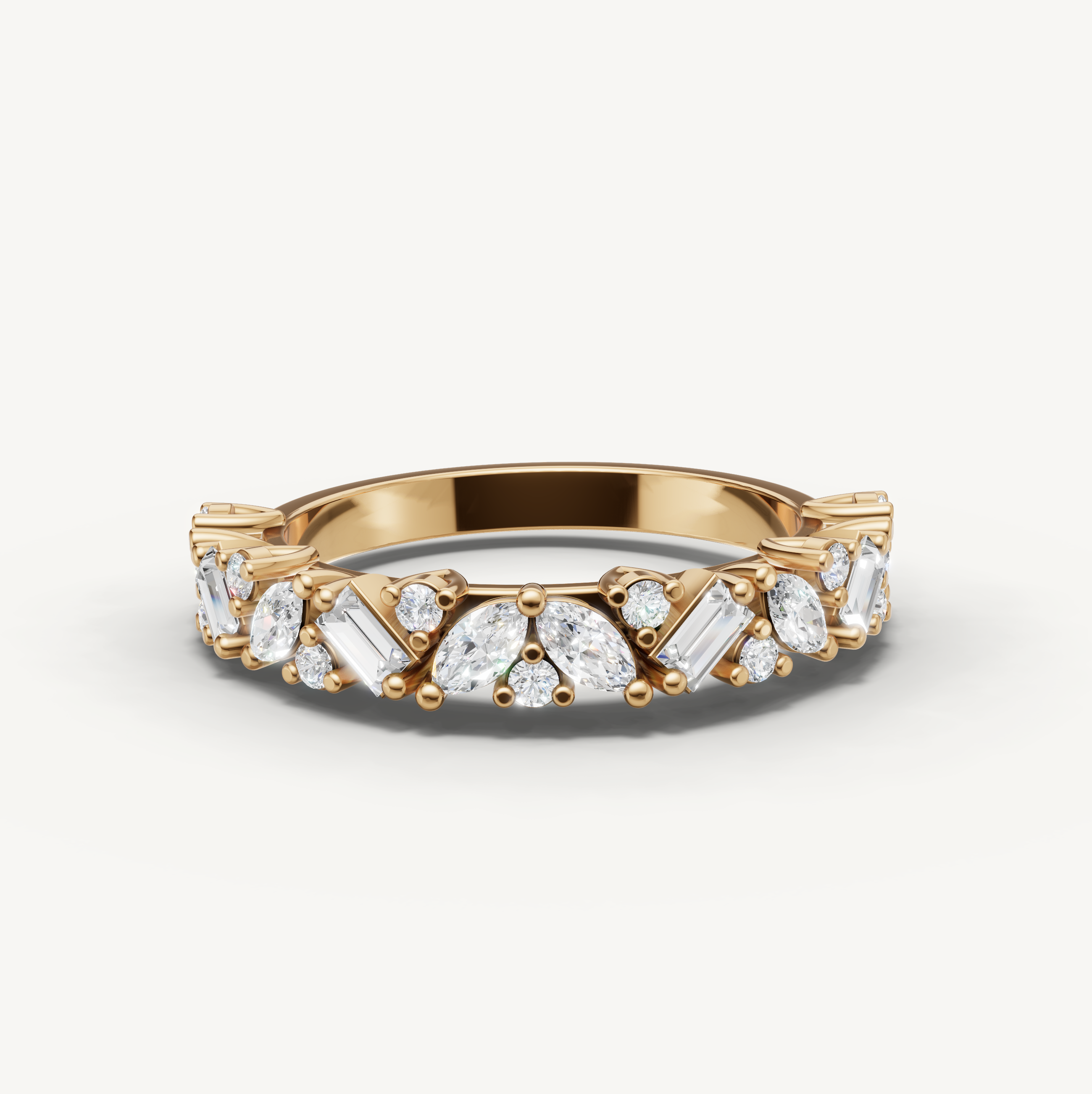 Elegant yellow gold diamond wedding band with marquise, baguette and round cut stones by Raul Diamonds