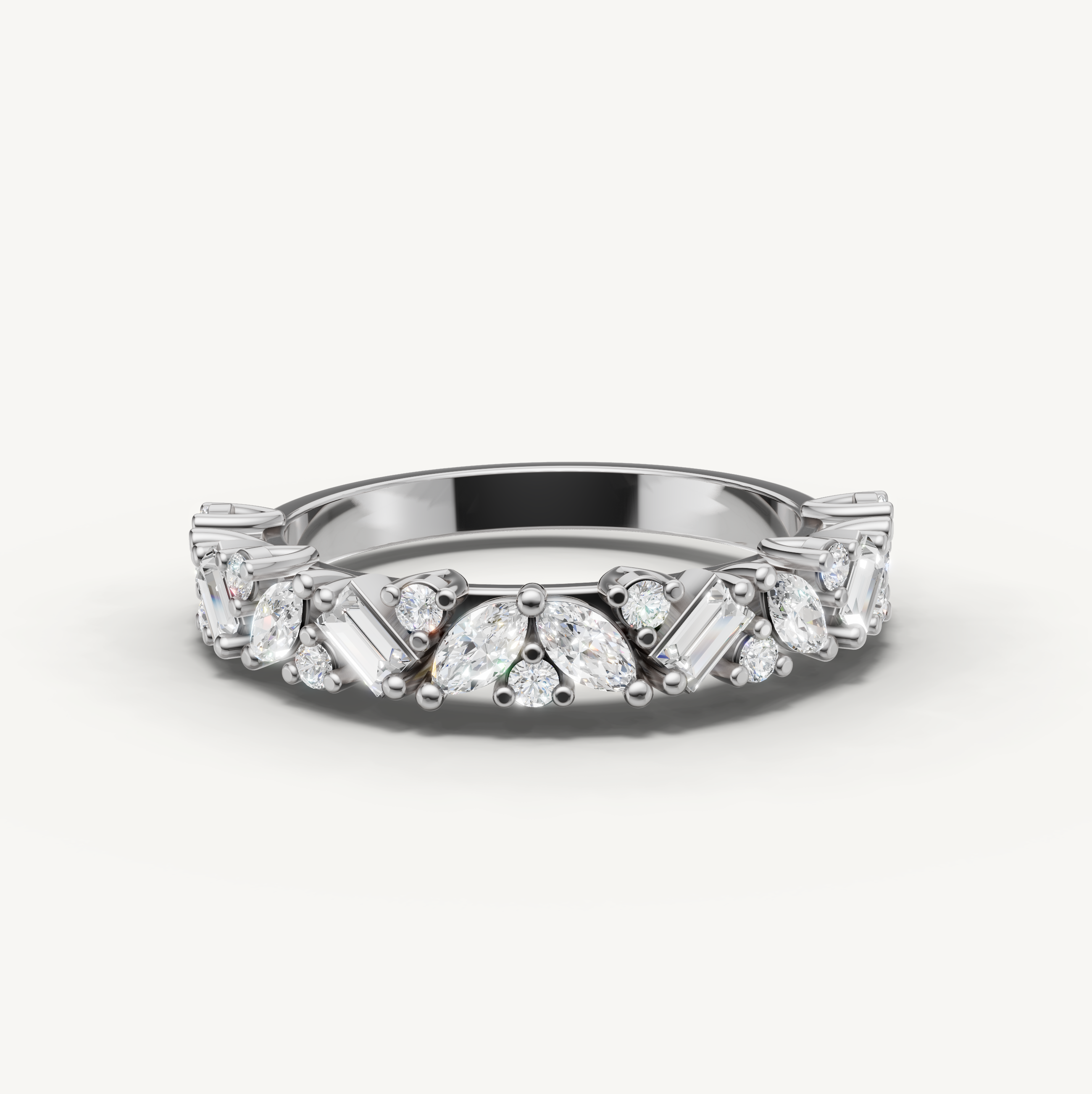 Elegant white gold diamond wedding band with baguette, marquise and round cut stones