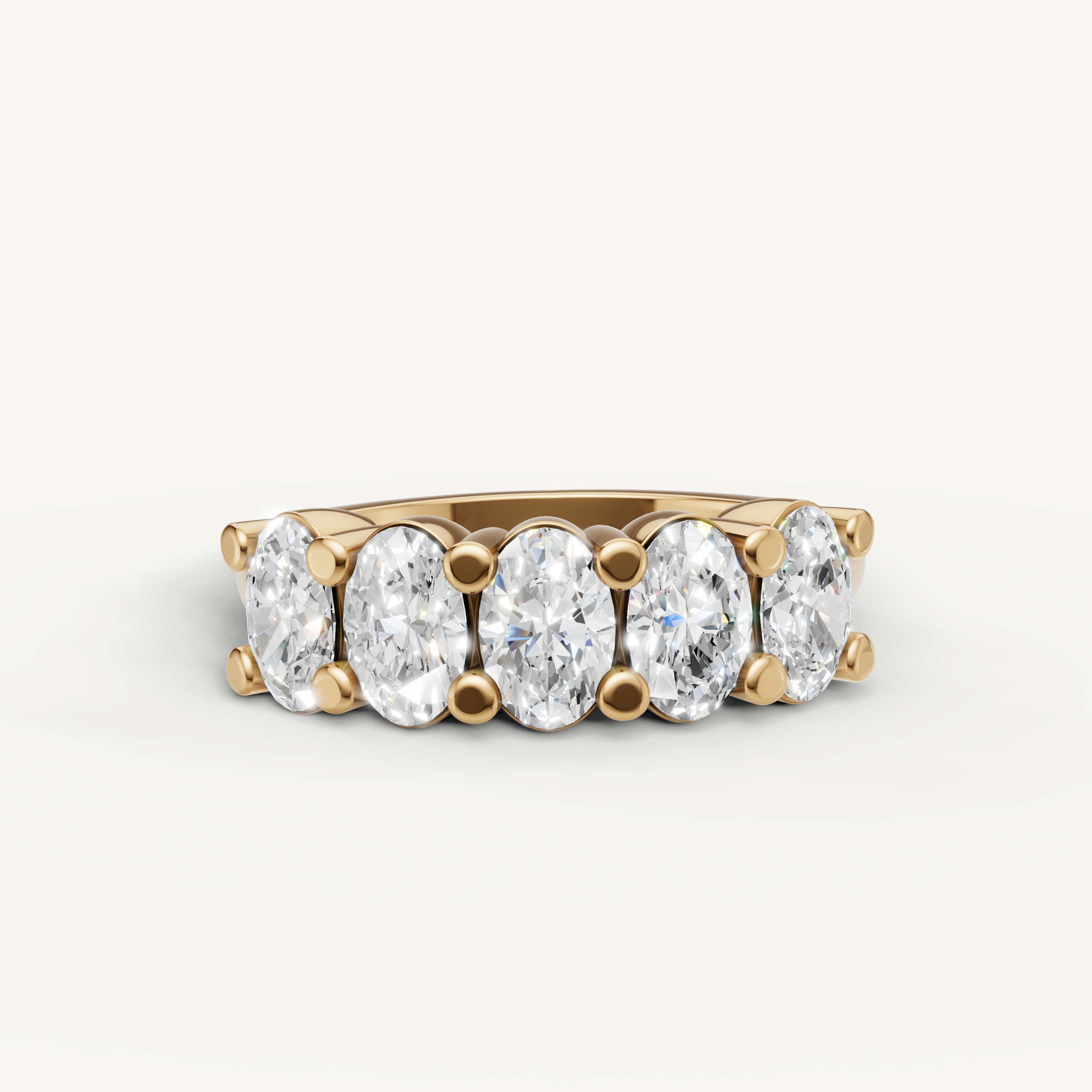 oval lab grown diamond five stone anniversary ring in 14k yellow gold