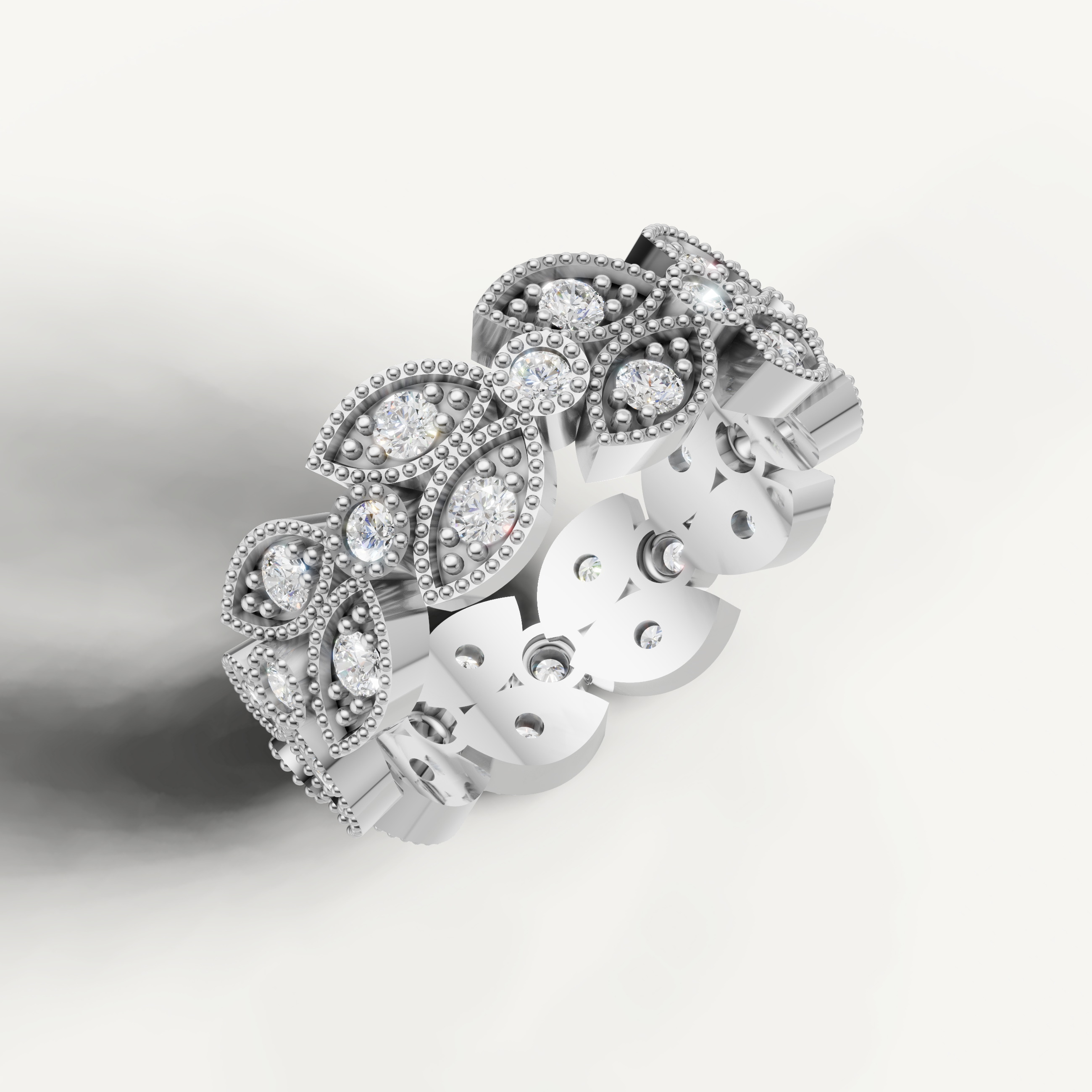 vintage inspired floral diamond eternity ring with milgrain detailing