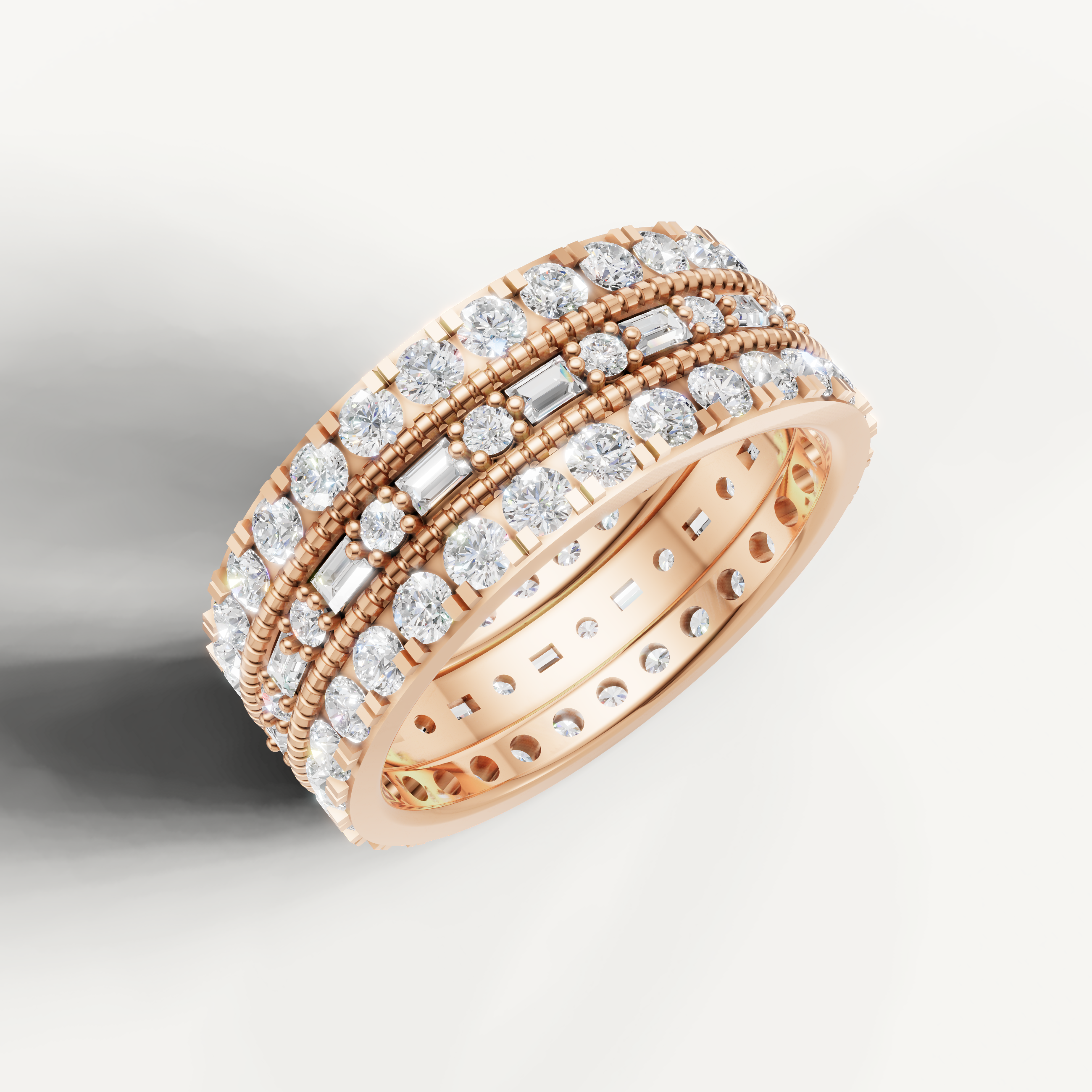 elegant round and baguette eternity wedding ring with vintage texture