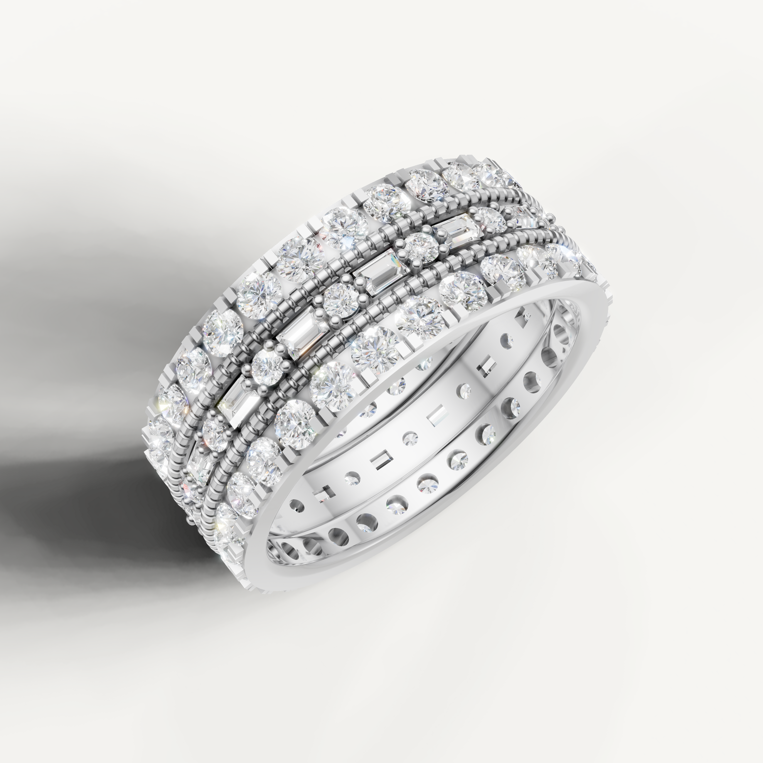 round and baguette diamond eternity ring with vintage milgrain detailing