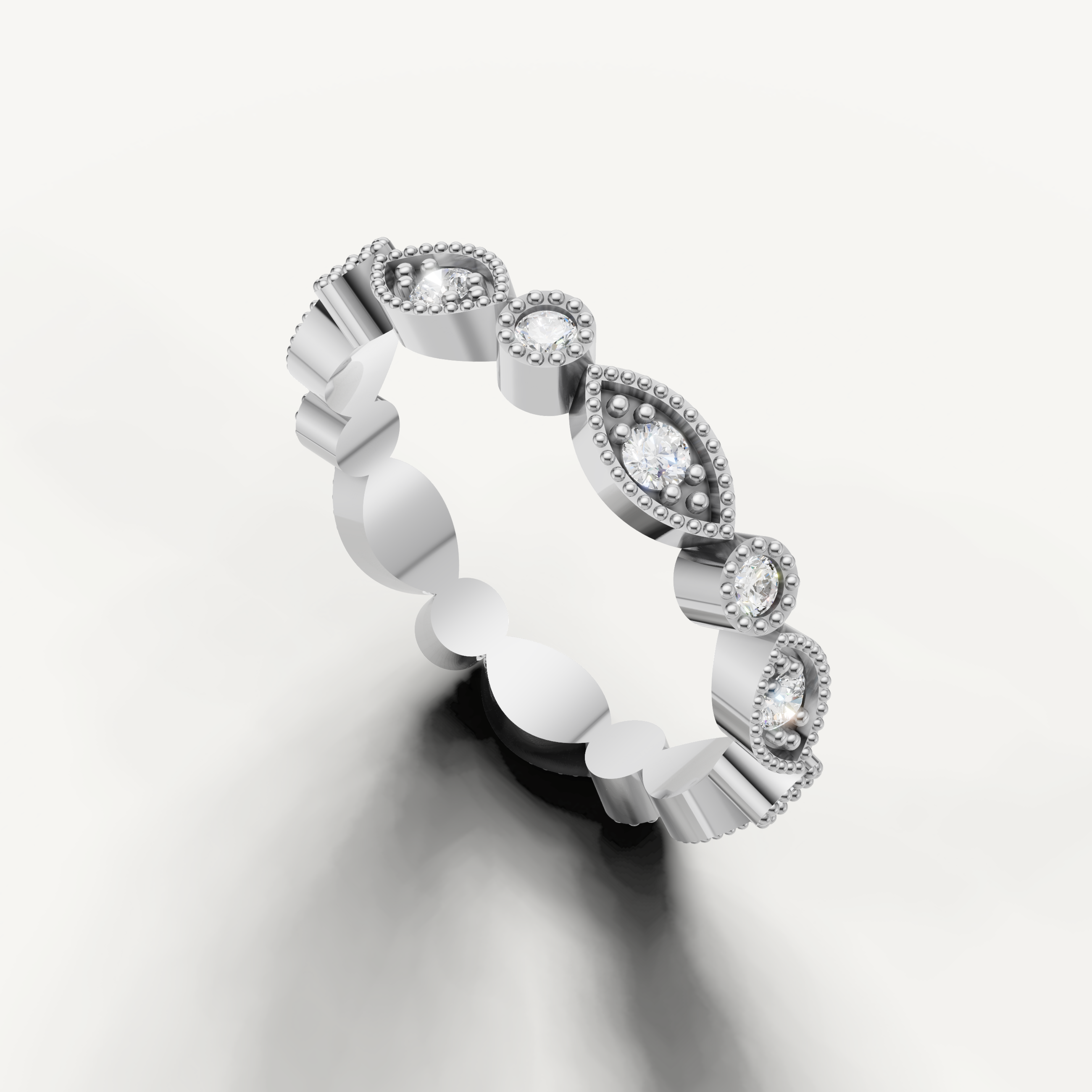 delicate round diamond eternity ring with vintage floral detailing