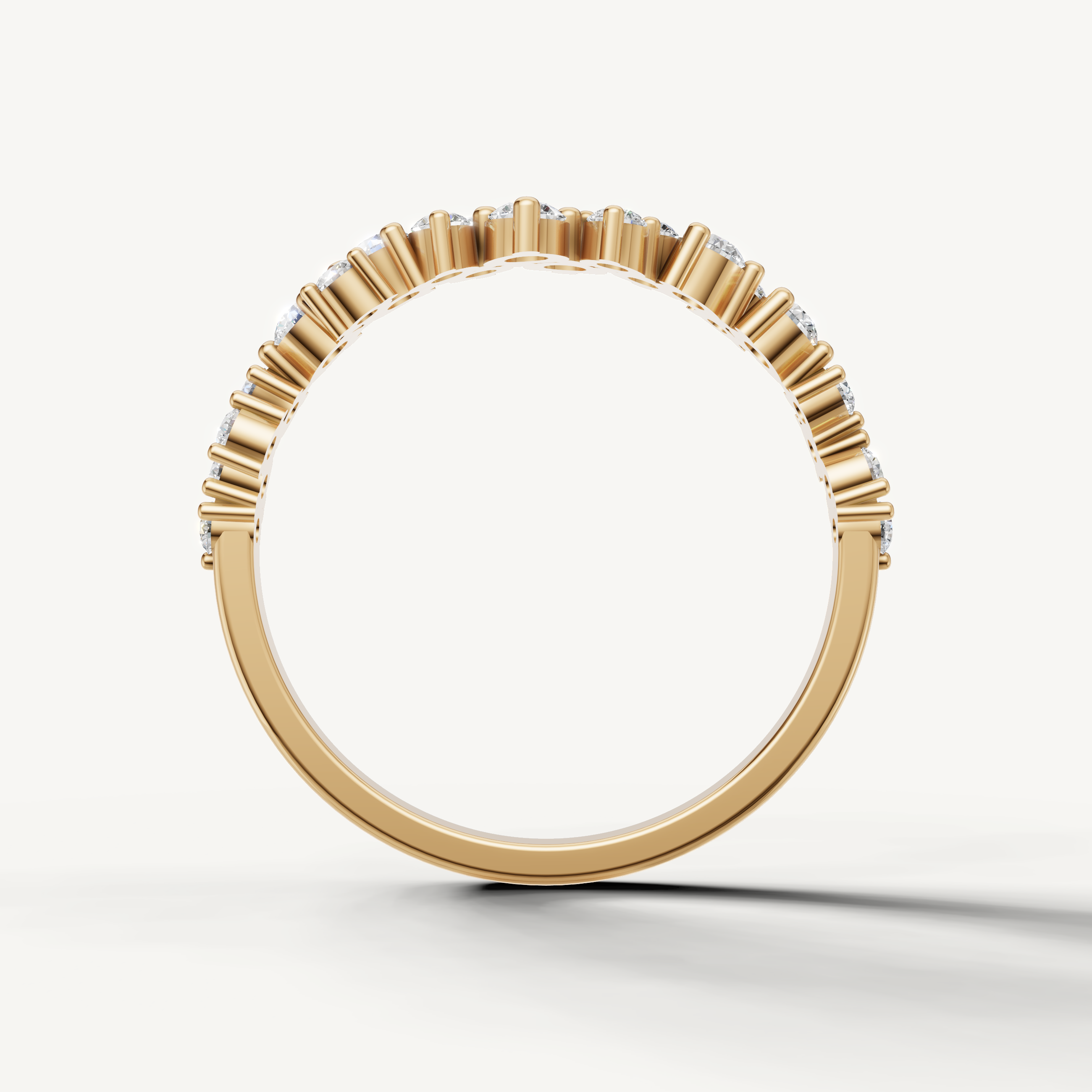 Modern yellow gold anniversary wedding band with sparkling round diamonds and textured accents