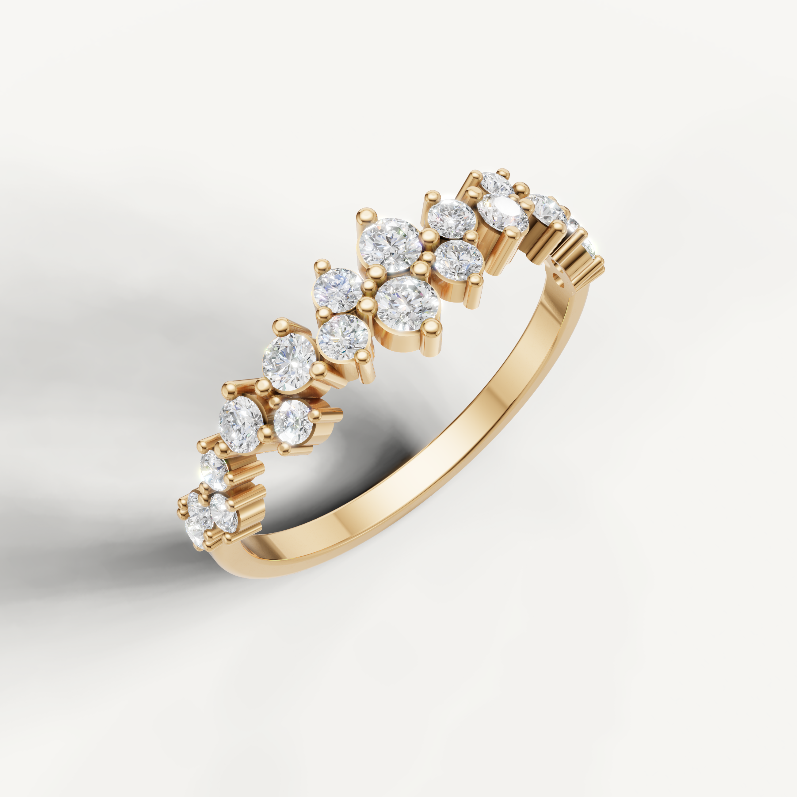 Elegant yellow gold diamond wedding band featuring clustered round cut diamonds by Raul Diamonds