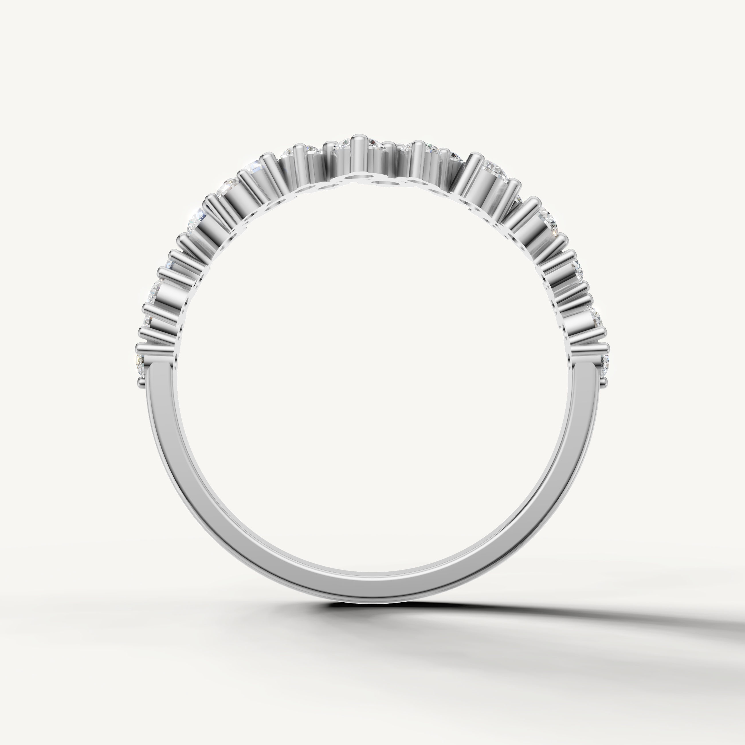 Designer white gold wedding band featuring round brilliant diamonds and vintage detailing