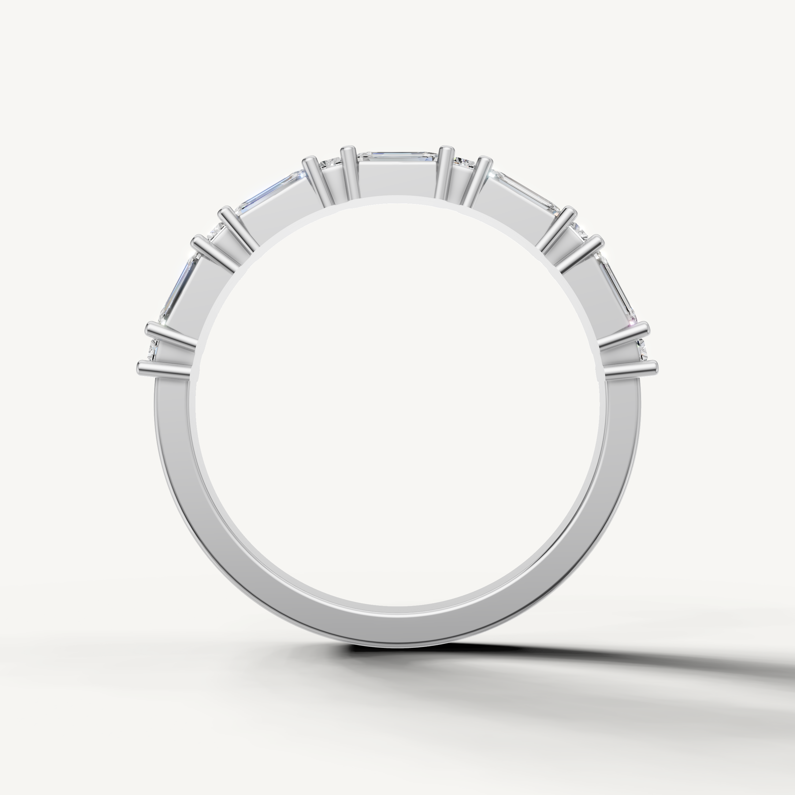 Fine white gold diamond wedding band with sleek emerald cut lab grown diamonds from Raul Diamonds