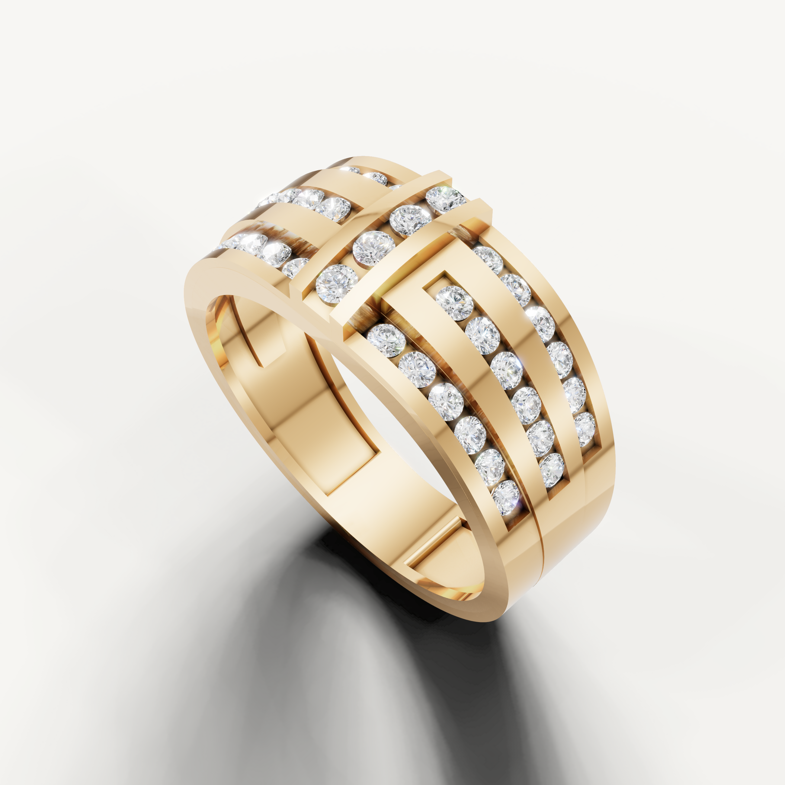 Men’s yellow gold wide diamond wedding ring with modern geometric design by Raul Diamonds