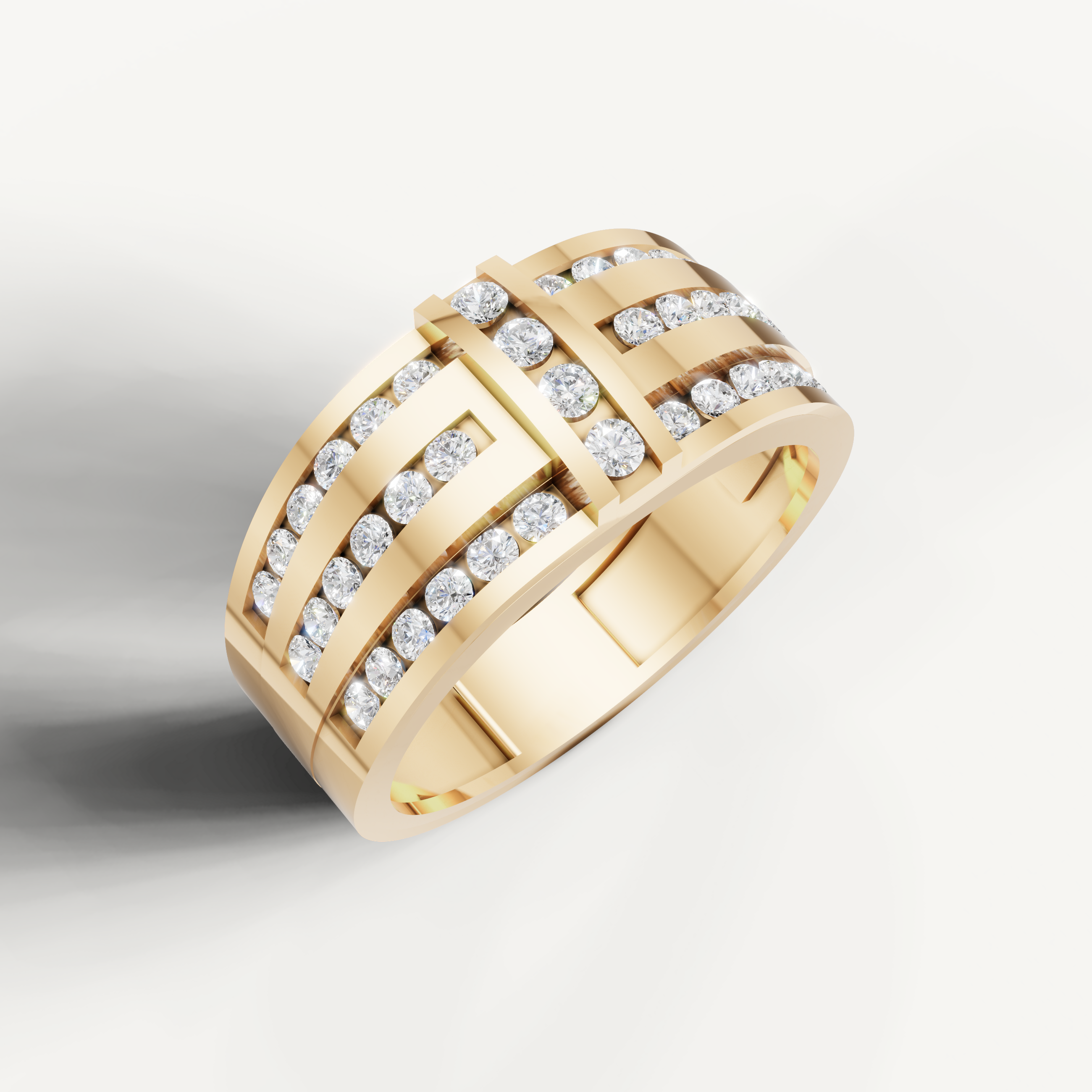 Luxury yellow gold diamond wedding band by Raul Diamonds featuring triple row pave diamonds