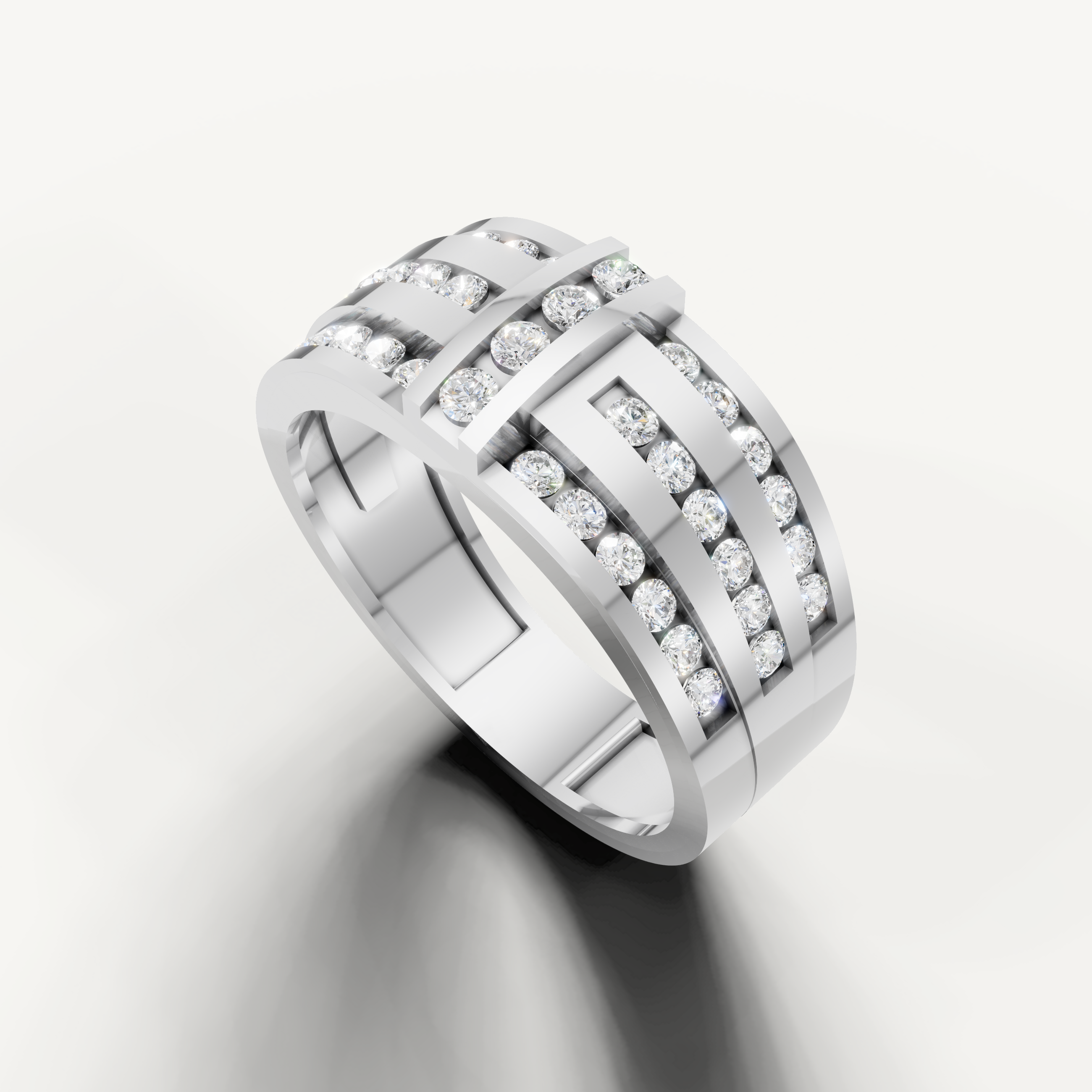 Contemporary white gold diamond wedding band with layered round diamonds for men