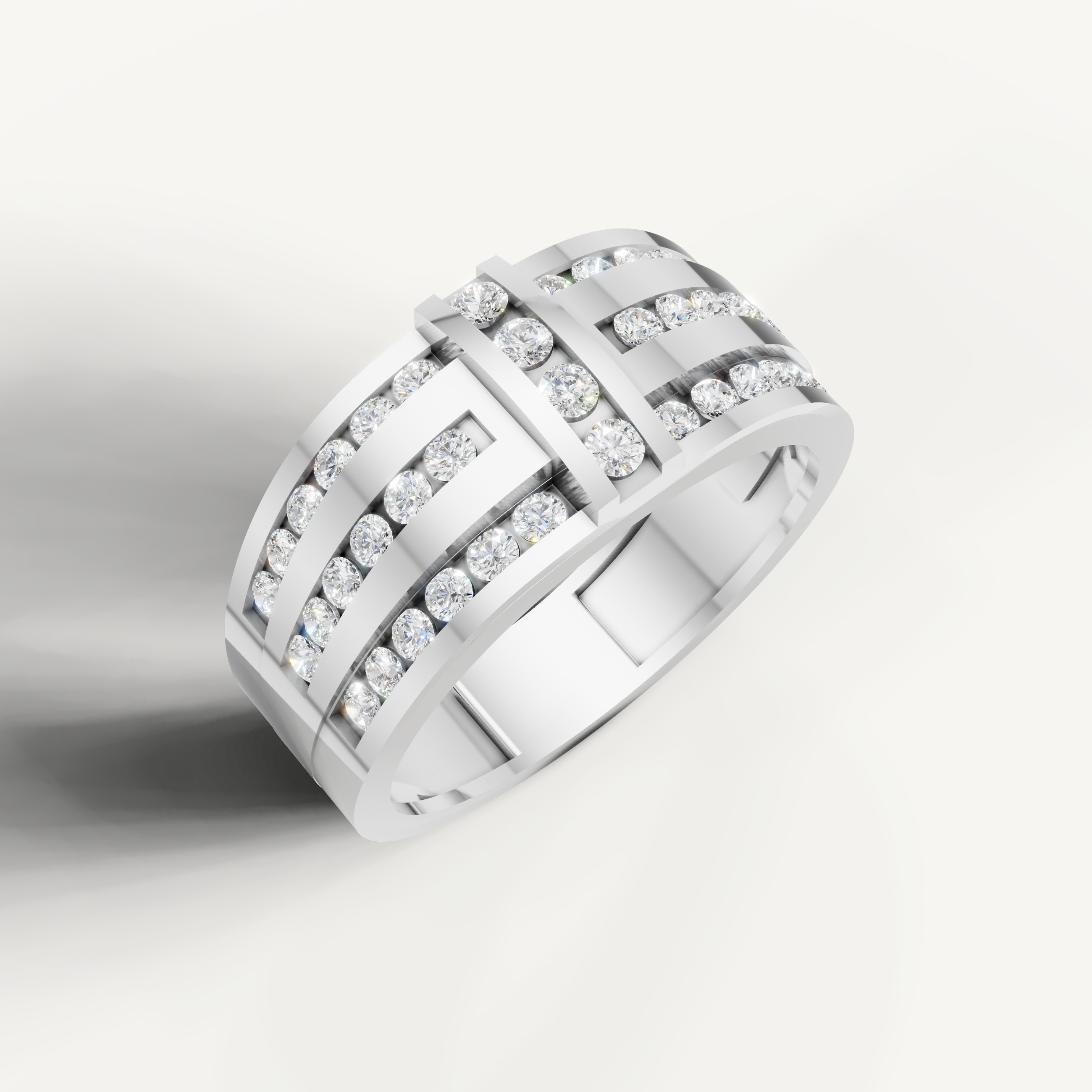 Luxury white gold men’s diamond wedding ring with triple row pave setting by Raul Diamonds