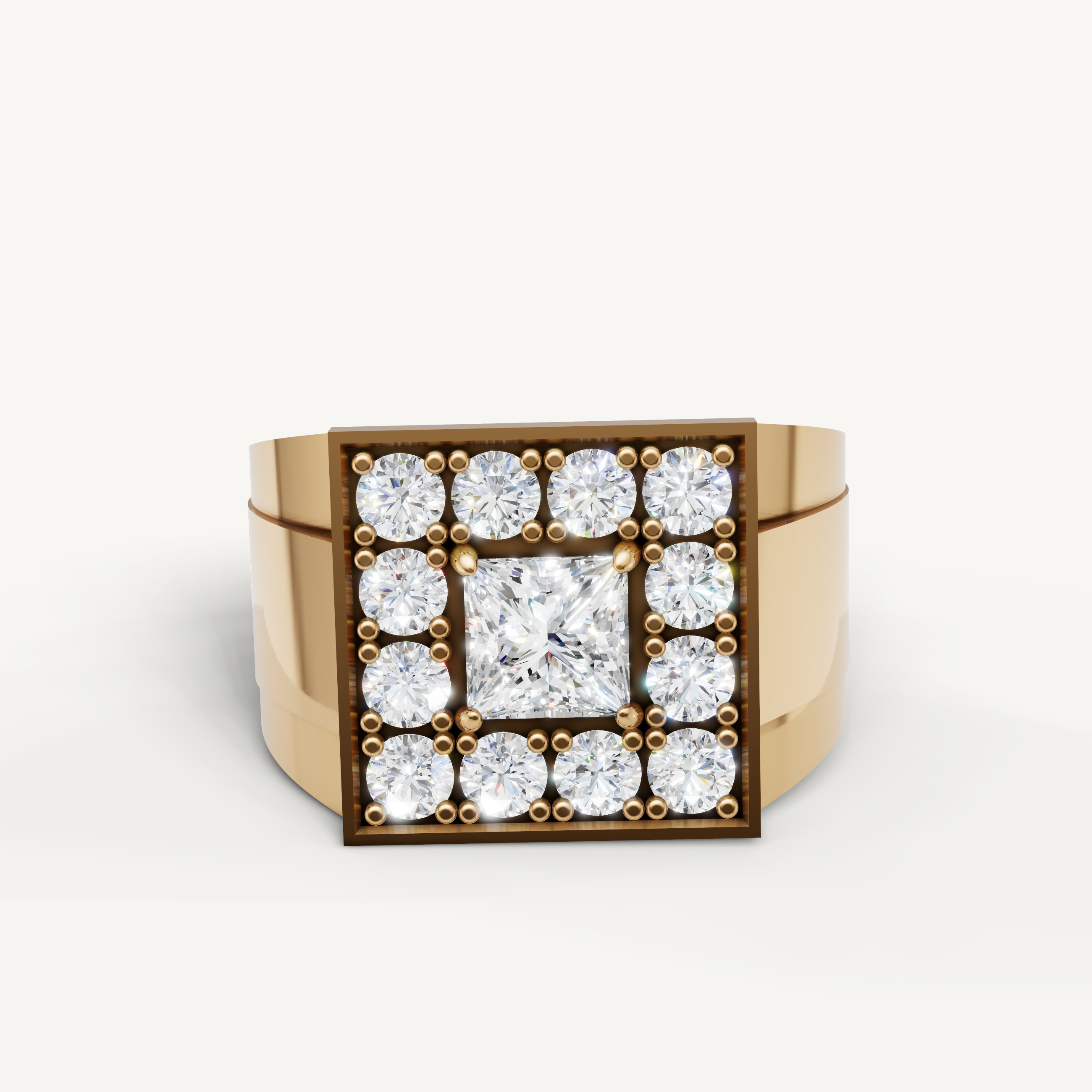 Raul Diamonds yellow gold square diamond wedding band with princess cut center stone for men