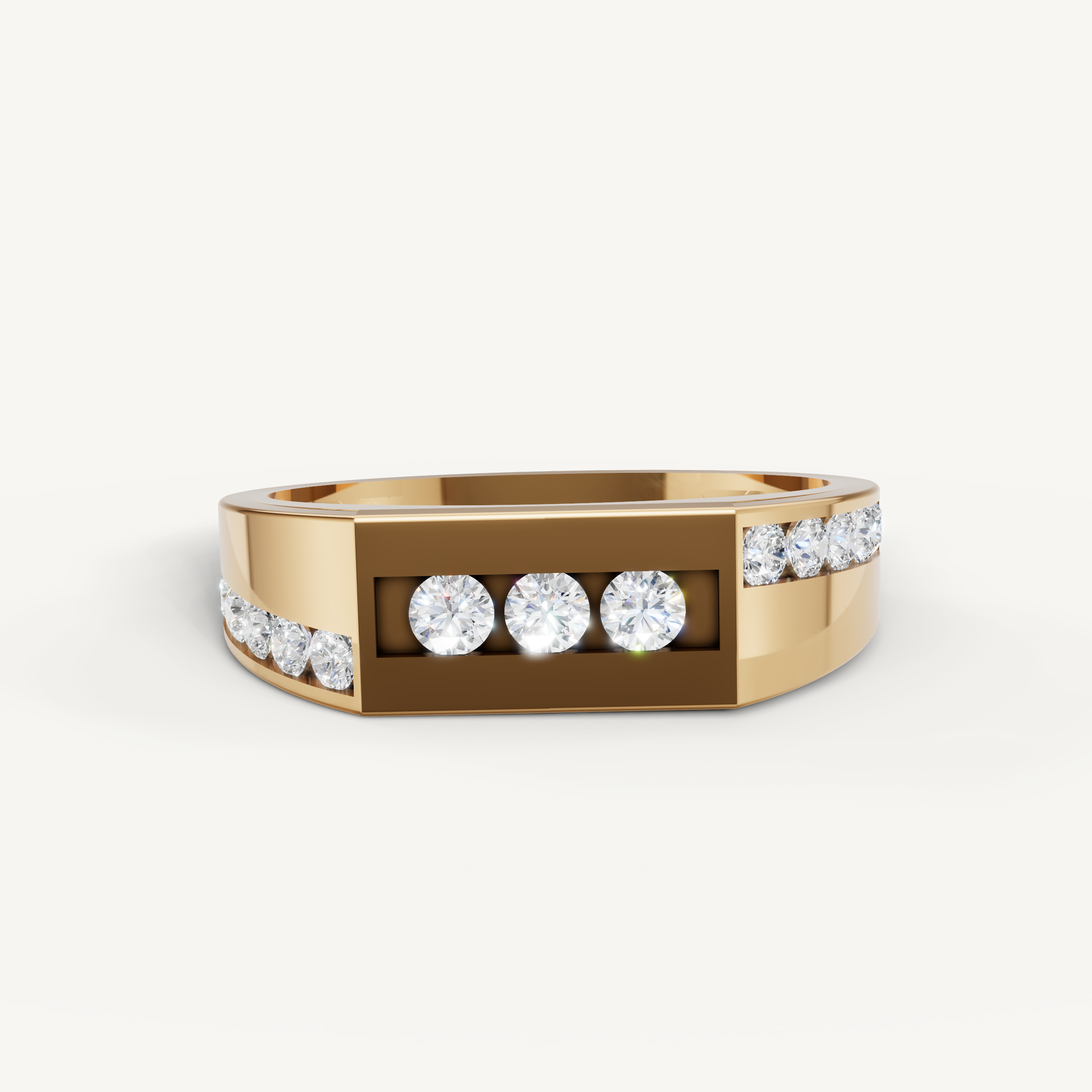 Raul Diamonds yellow gold men’s wedding band with bezel set round diamonds and modern design