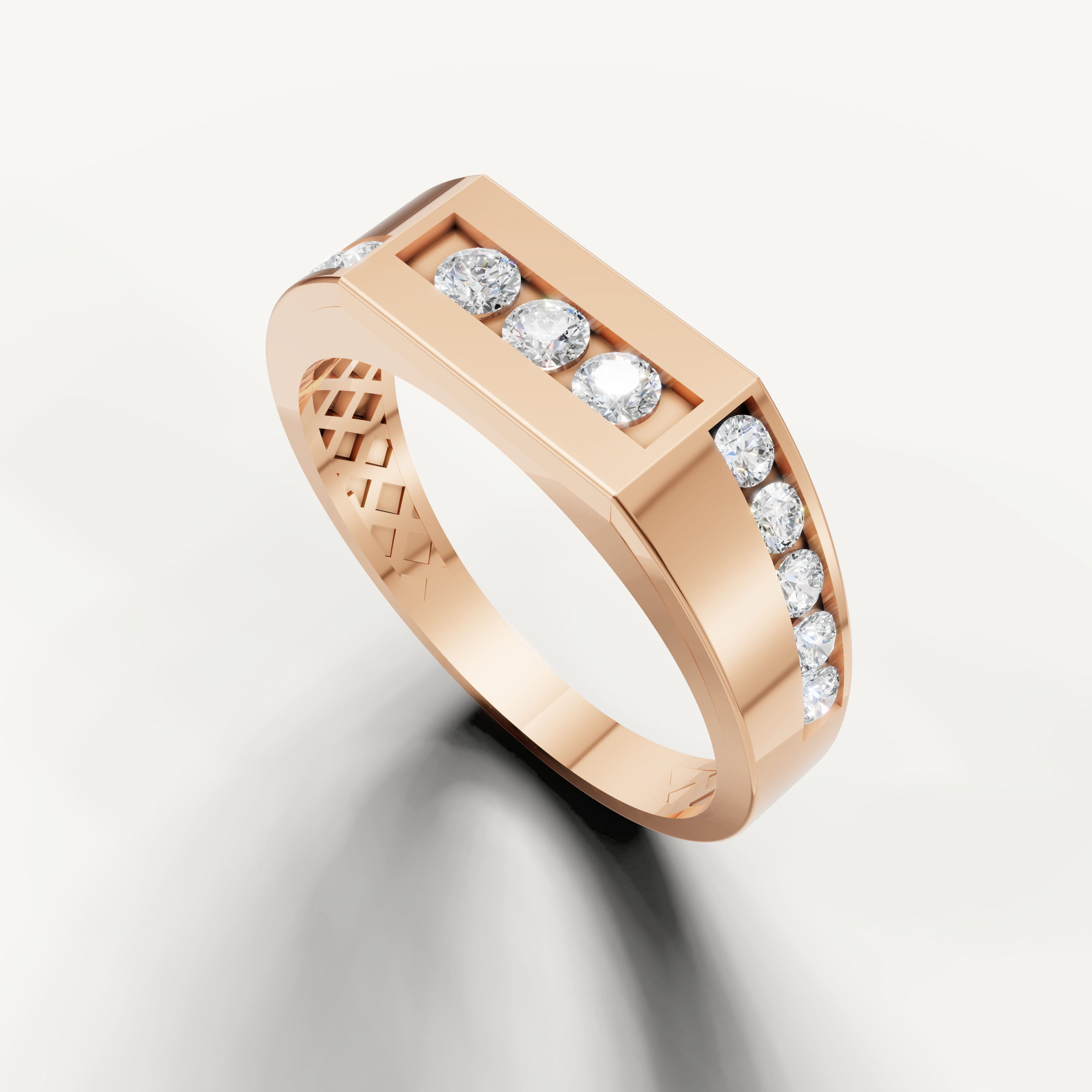 Contemporary rose gold wedding band featuring round brilliant diamonds for men
