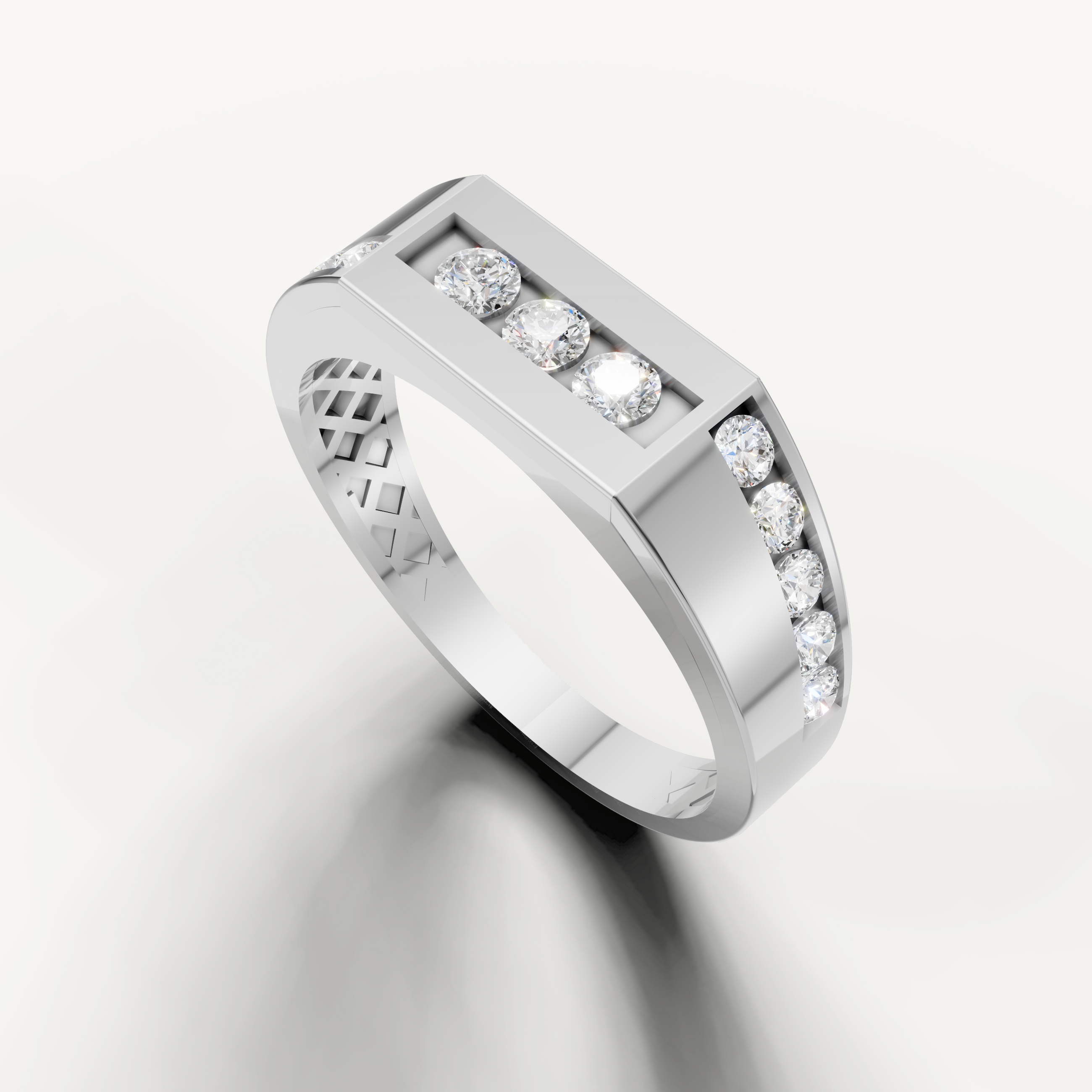 Modern white gold men’s diamond band with geometric center design by Raul Diamonds