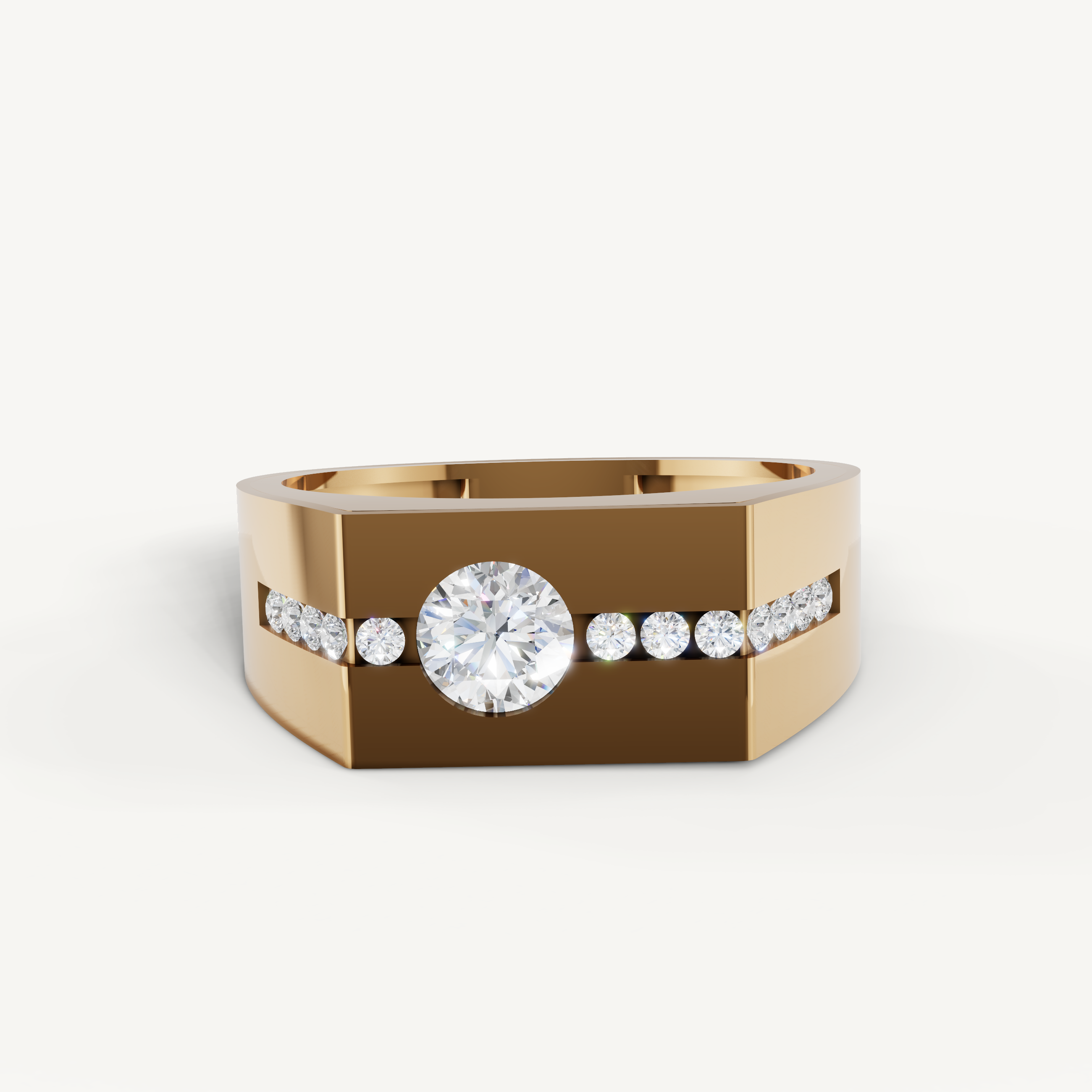 Raul Diamonds men’s yellow gold wedding band with bezel set round diamond center and channel set side diamonds for a modern luxury look