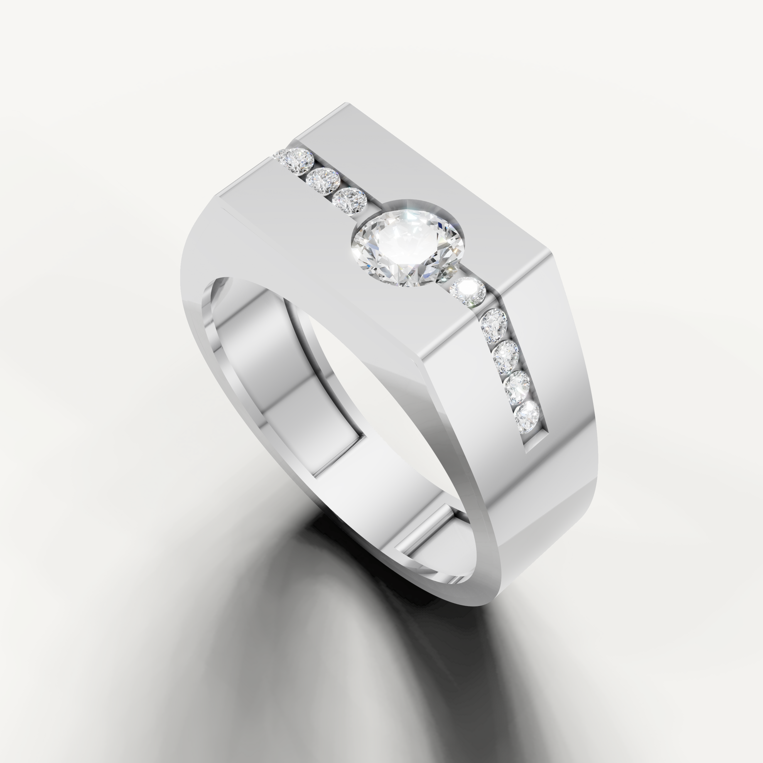 White gold men’s diamond wedding band featuring polished finish and sparkling round diamonds from Raul Diamonds