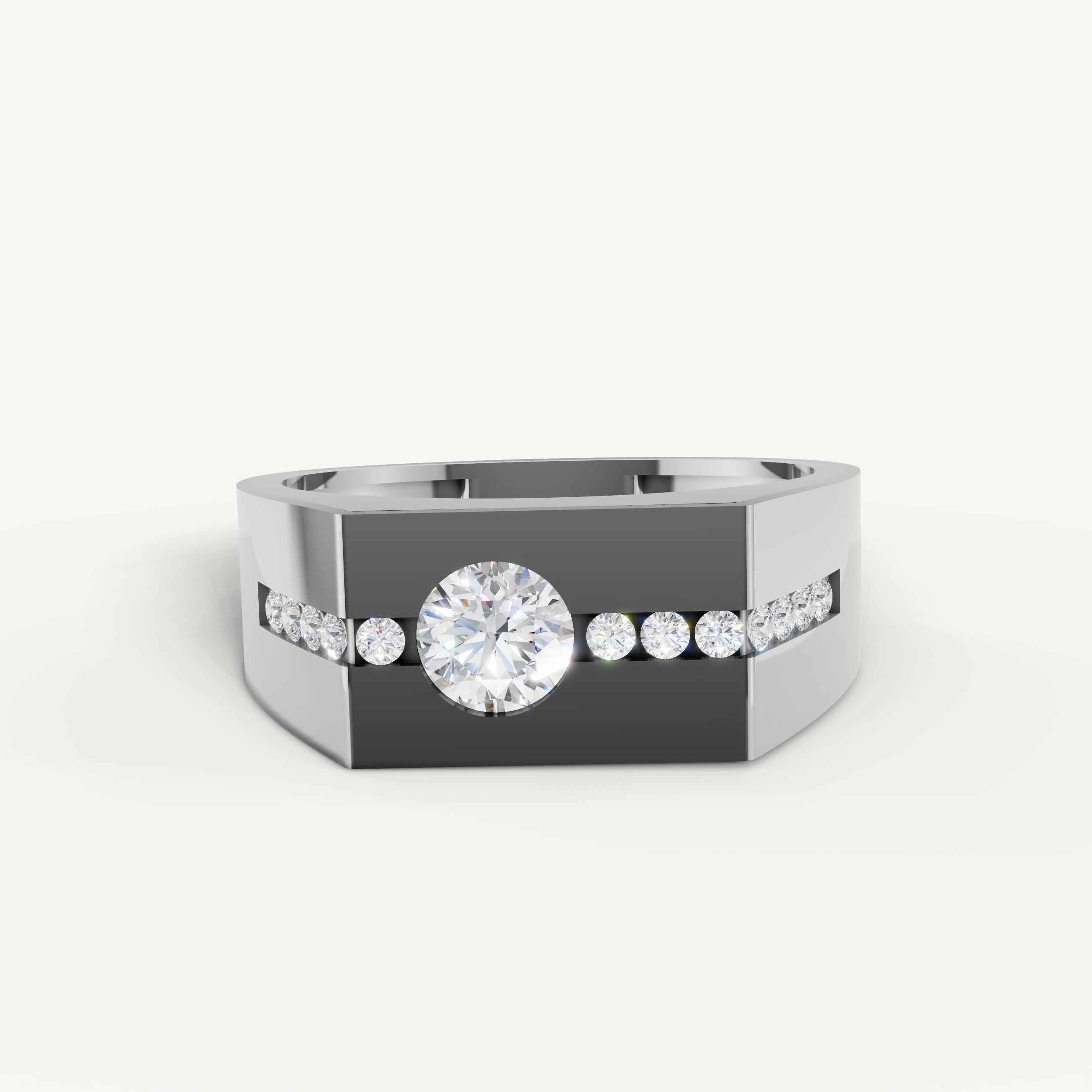 Raul Diamonds white gold men’s wedding band with round brilliant center diamond and channel set side stones