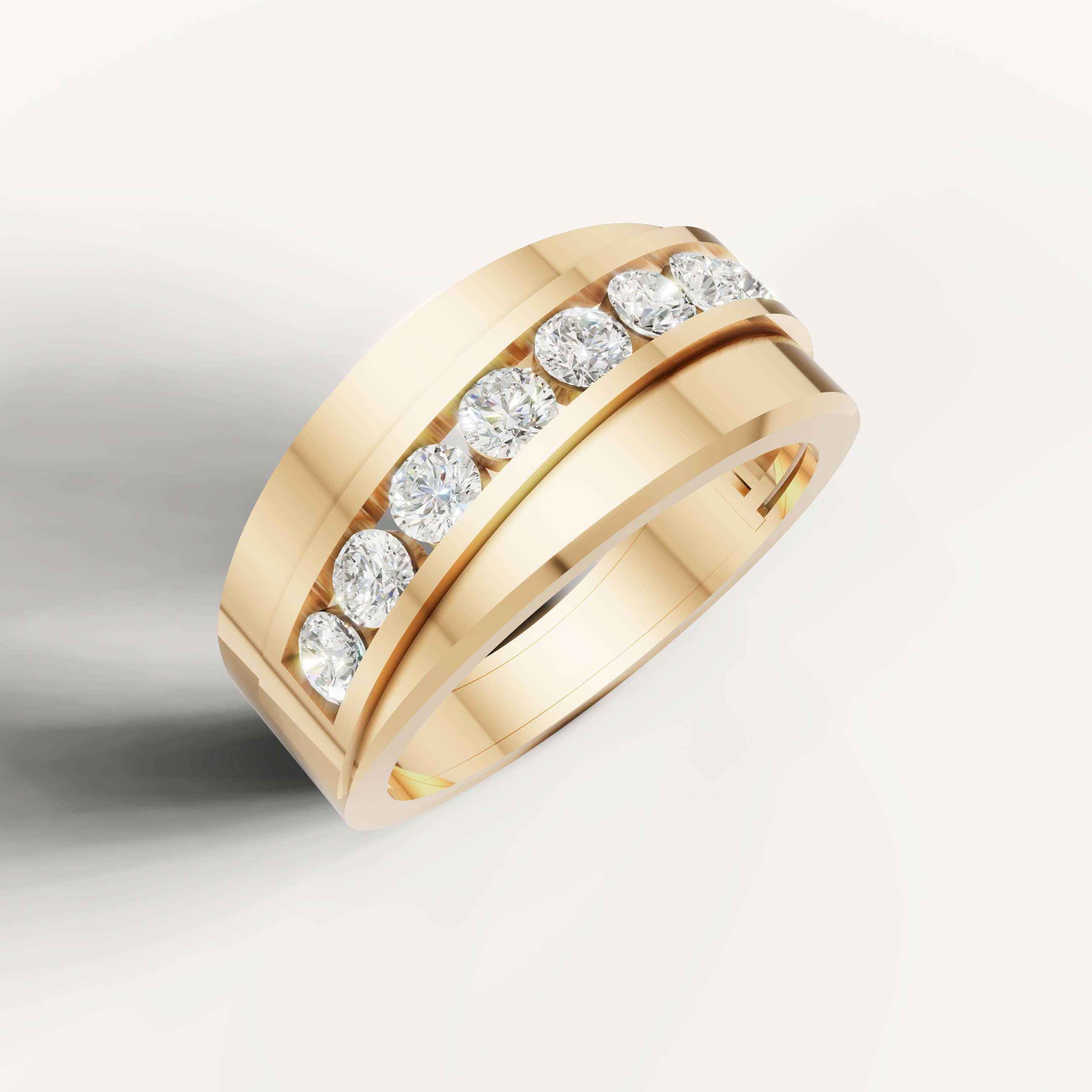 Luxury yellow gold diamond wedding ring for men by Raul Diamonds featuring brilliant round cut channel diamonds