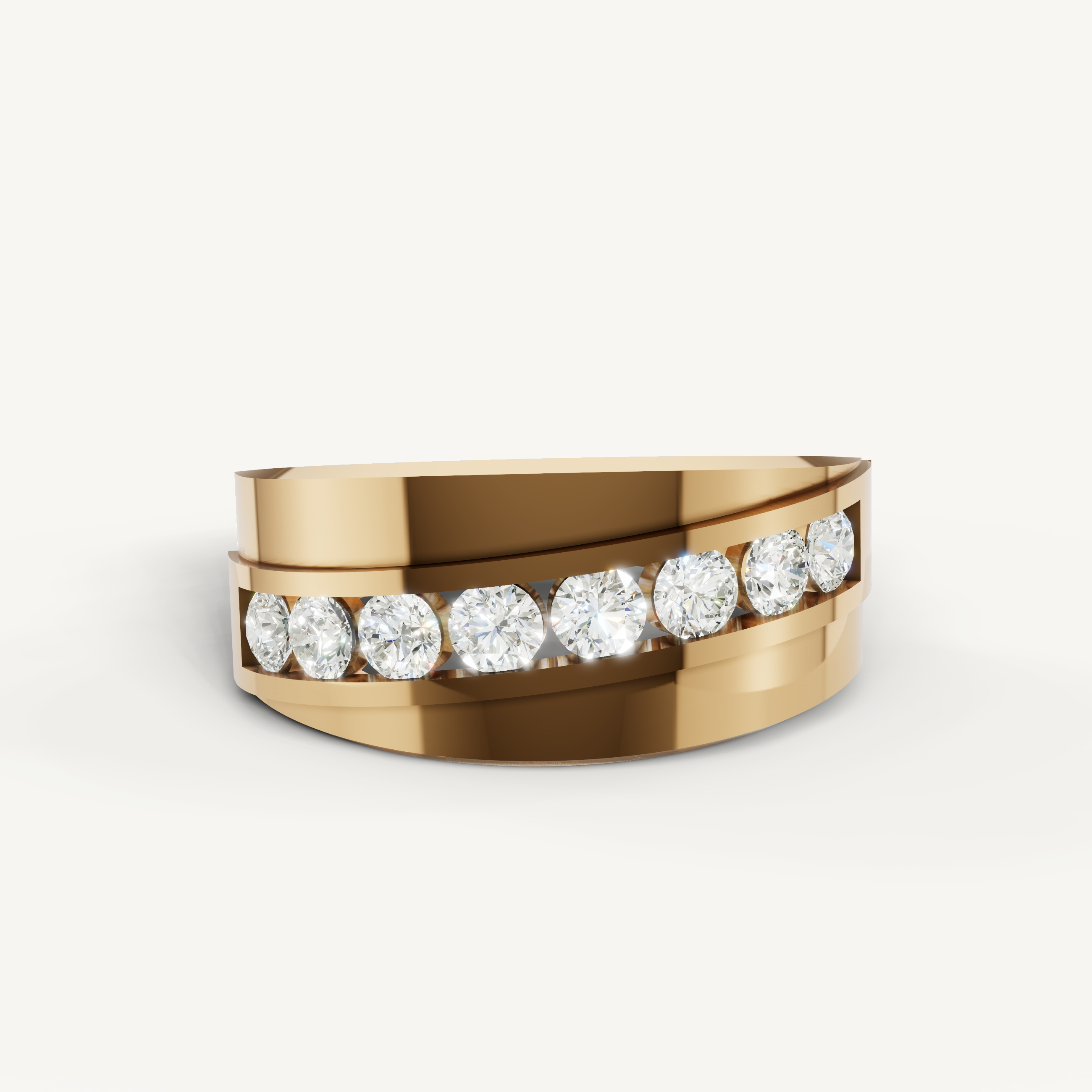 Raul Diamonds yellow gold men’s wedding band with channel set round diamonds and sleek polished modern design