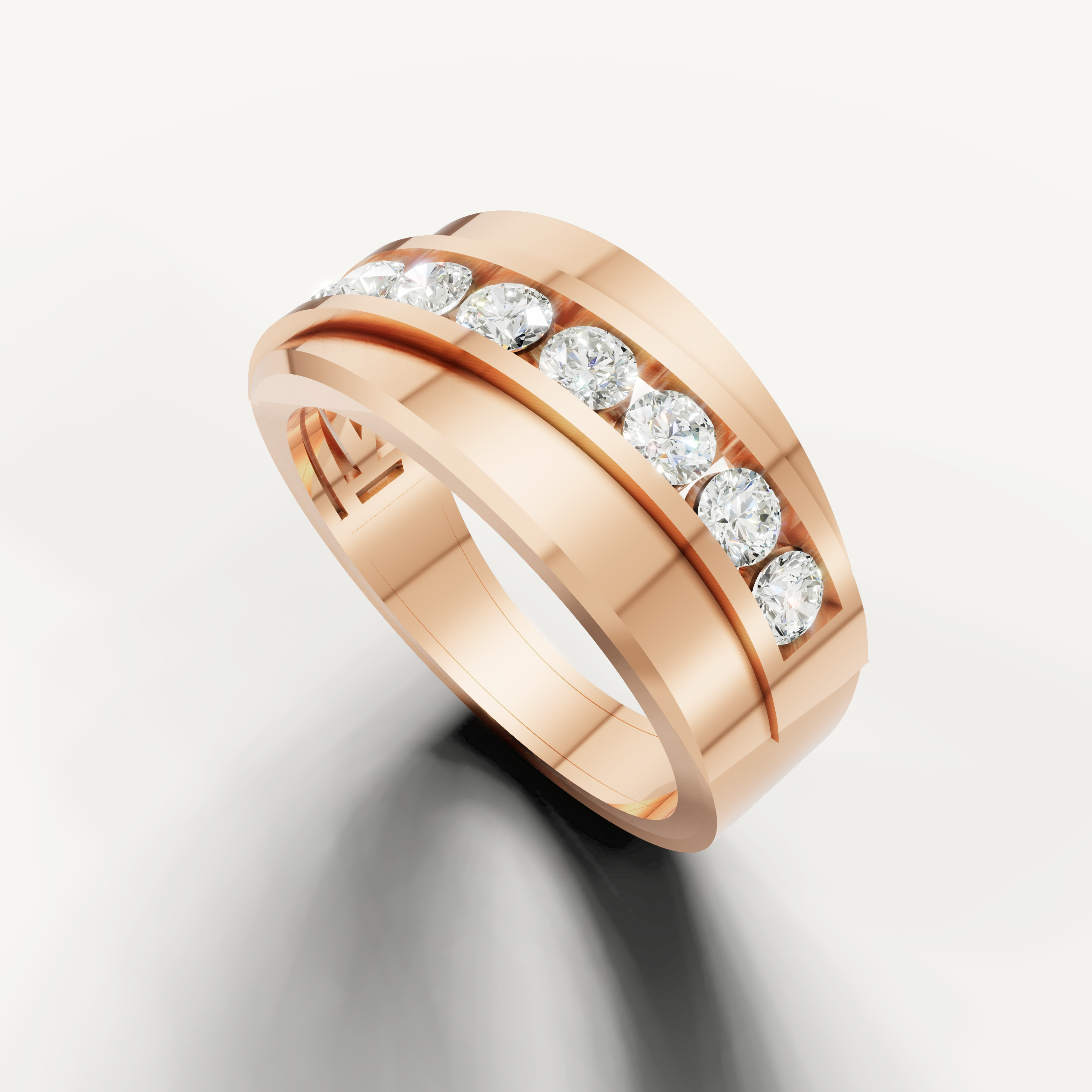 Rose gold men’s wedding band featuring channel set round diamonds and contemporary masculine styling from Raul Diamonds