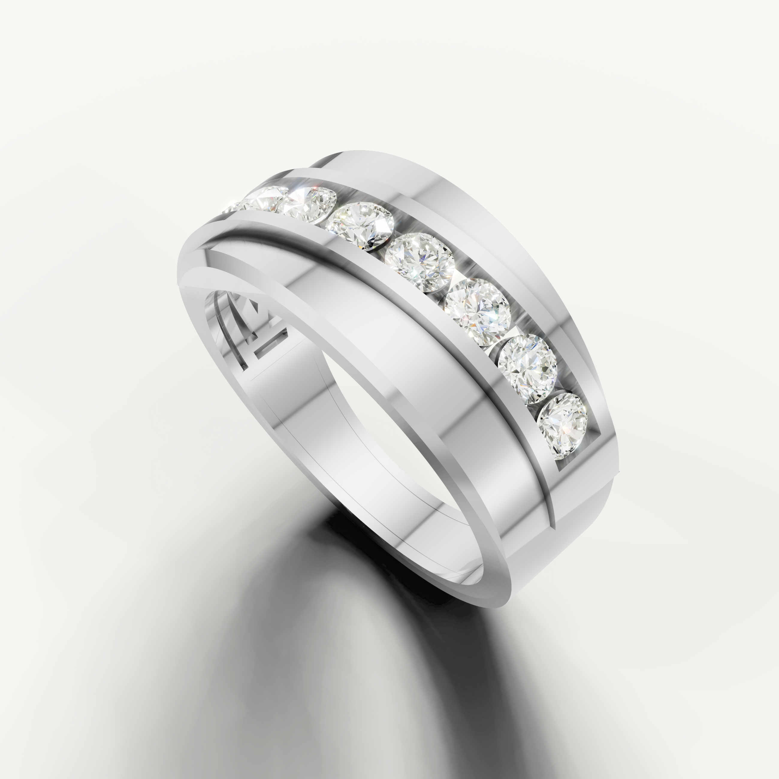 White gold men’s diamond wedding band with sleek geometric styling and sparkling round diamonds from Raul Diamonds