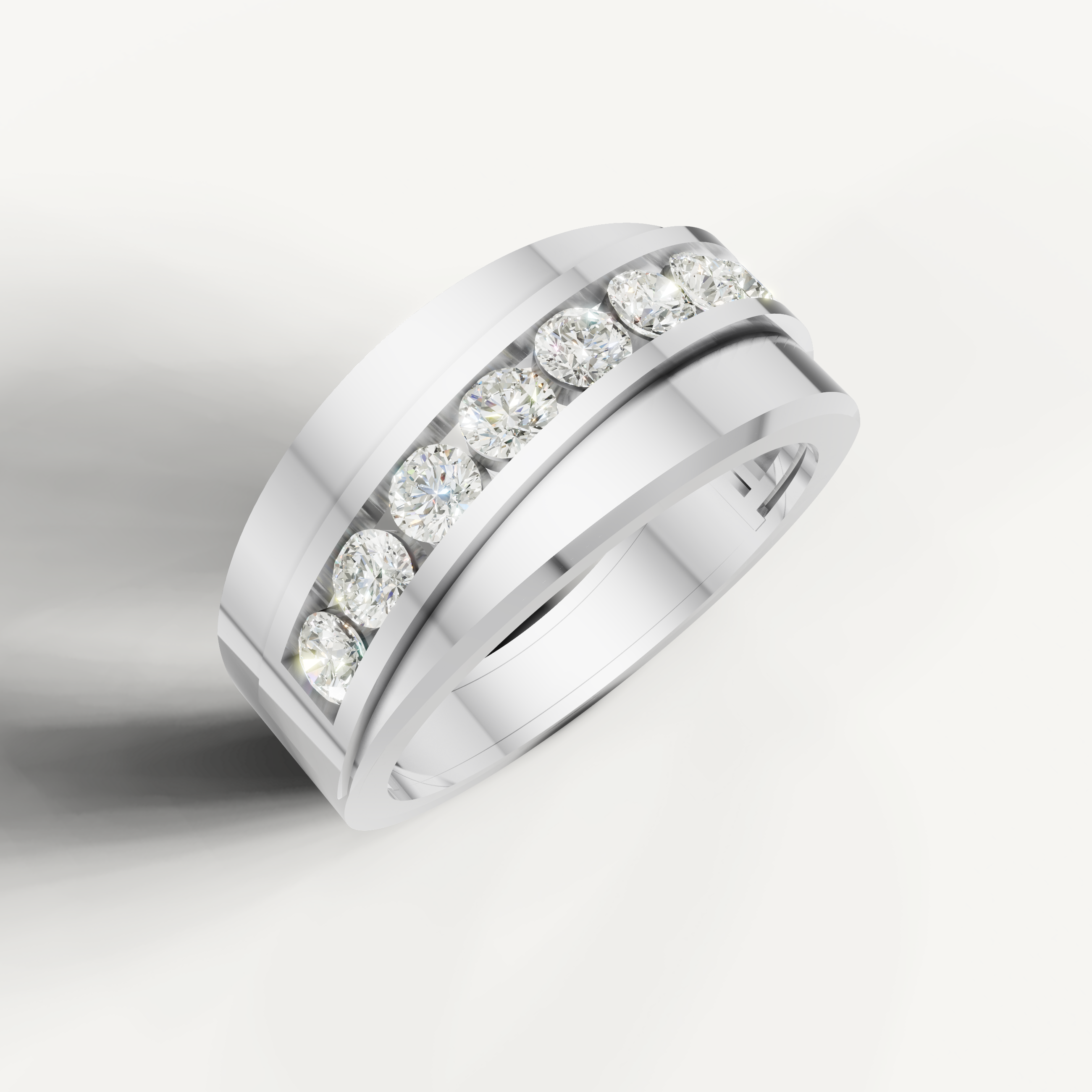 Modern white gold diamond wedding ring for men by Raul Diamonds featuring brilliant cut channel diamonds