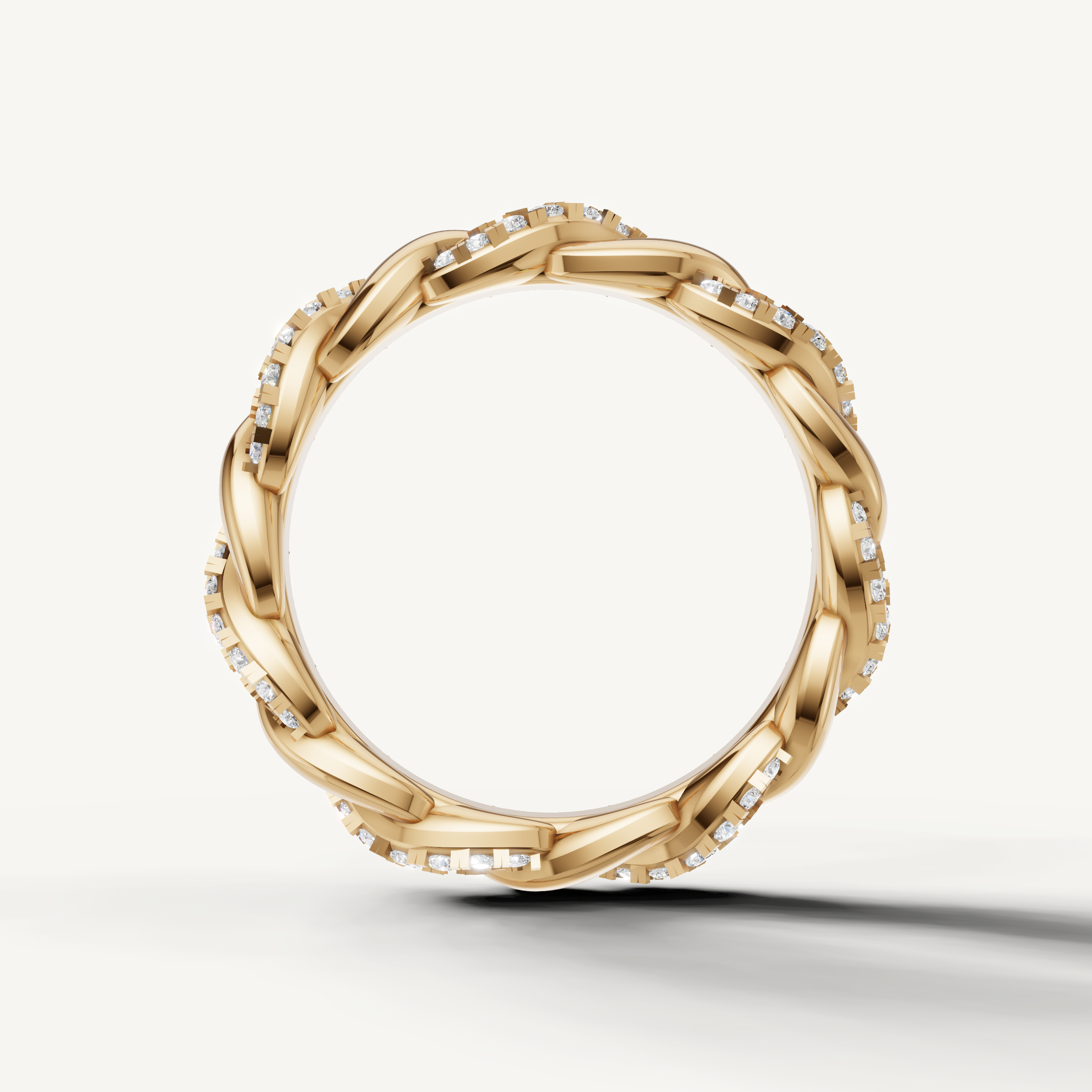 Modern yellow gold diamond braid wedding ring for women with handcrafted pavé diamond accents from Raul Diamonds